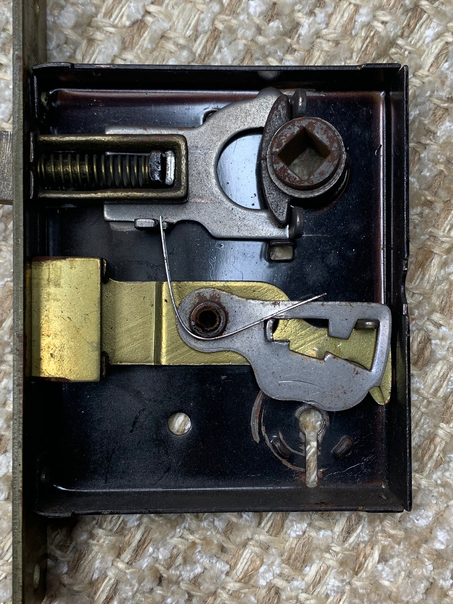 Antique Interior Mortise Lock, Glass Door Knobs & Brass Finish Door Knob Plates, Strike Plate W/Key