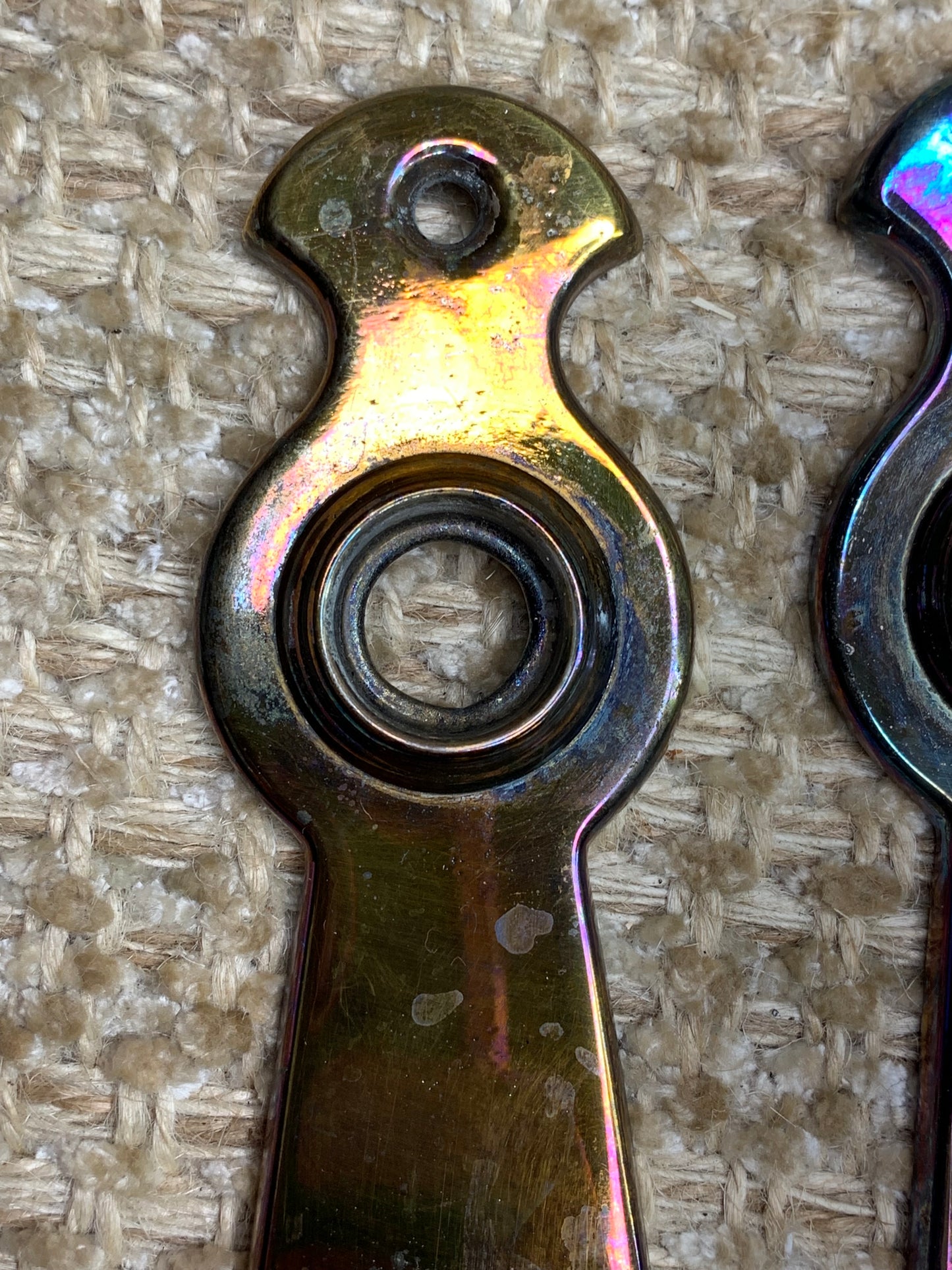 1 5/8" x 6 5/16" Pair Of Antique Stamped Steel Door Knob Plates