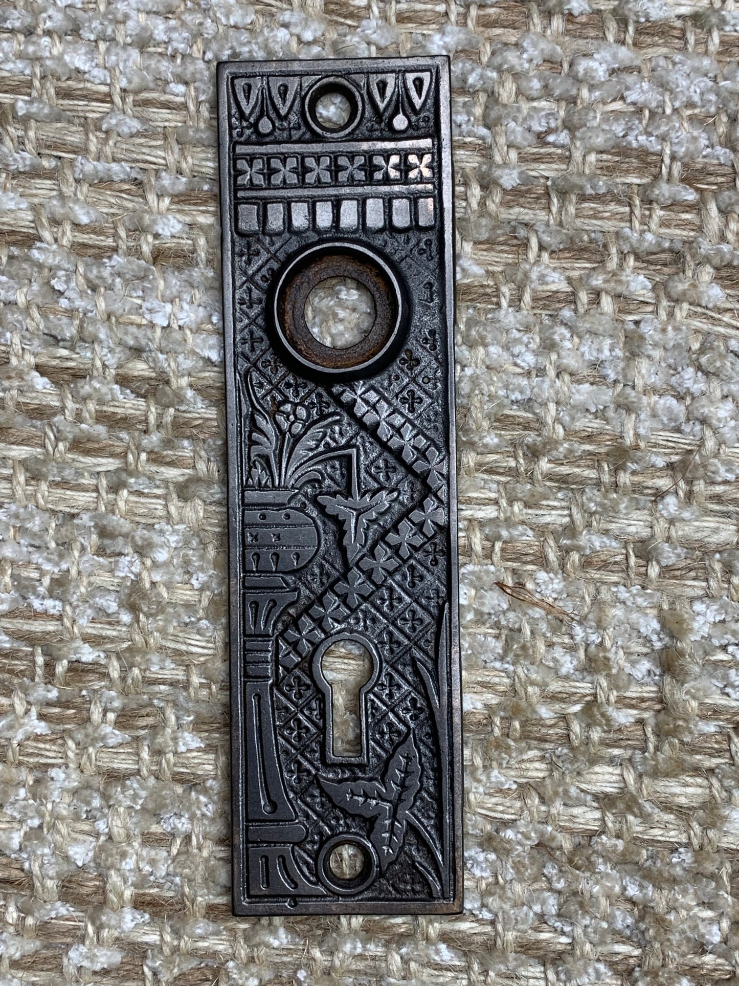 1 1/2" x 5 3/8" Antique Cast Iron Door Knob Plates Lockwood Hardware Circa 1886