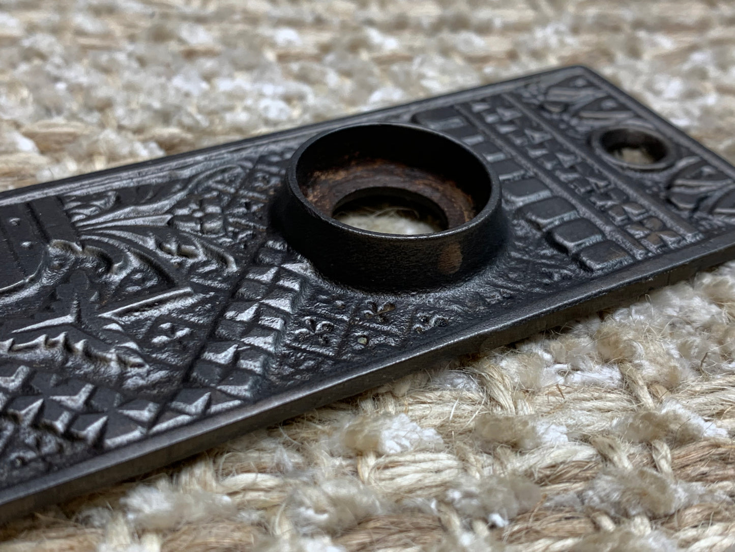 1 1/2" x 5 3/8" Antique Cast Iron Door Knob Plates Lockwood Hardware Circa 1886