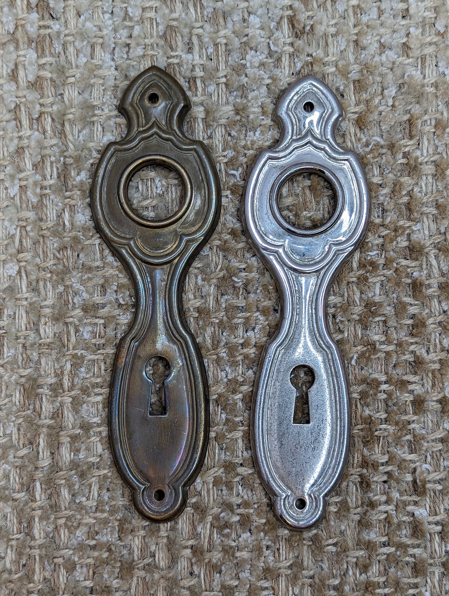 1 5/8" x 5 5/8" Pair Of Antique Stamped Brass Door Knob Plate Hardware