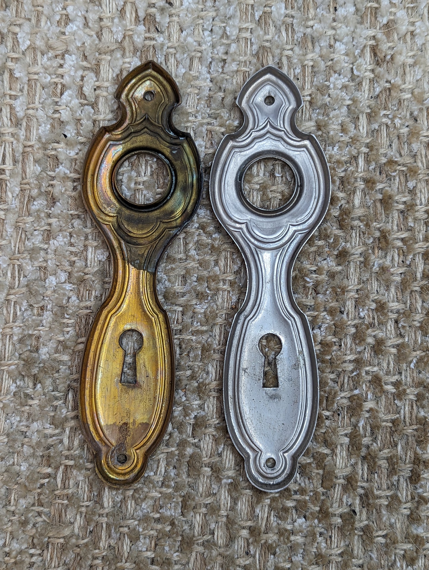 1 5/8" x 5 5/8" Pair Of Antique Stamped Brass Door Knob Plate Hardware