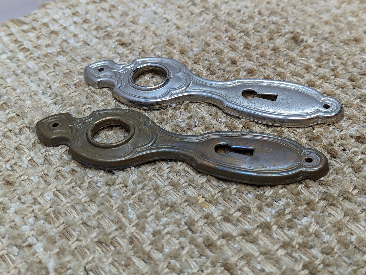 1 5/8" x 5 5/8" Pair Of Antique Stamped Brass Door Knob Plate Hardware