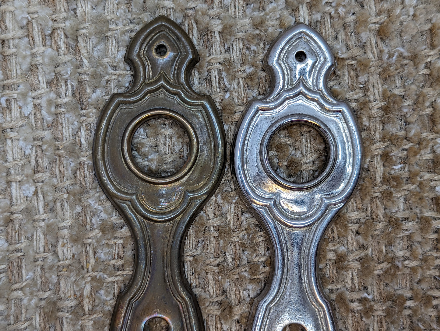 1 5/8" x 5 5/8" Pair Of Antique Stamped Brass Door Knob Plate Hardware