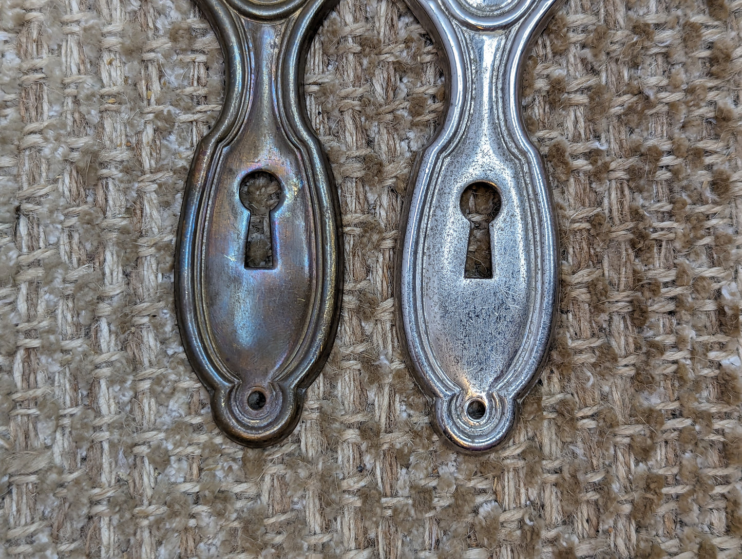 1 5/8" x 5 5/8" Pair Of Antique Stamped Brass Door Knob Plate Hardware