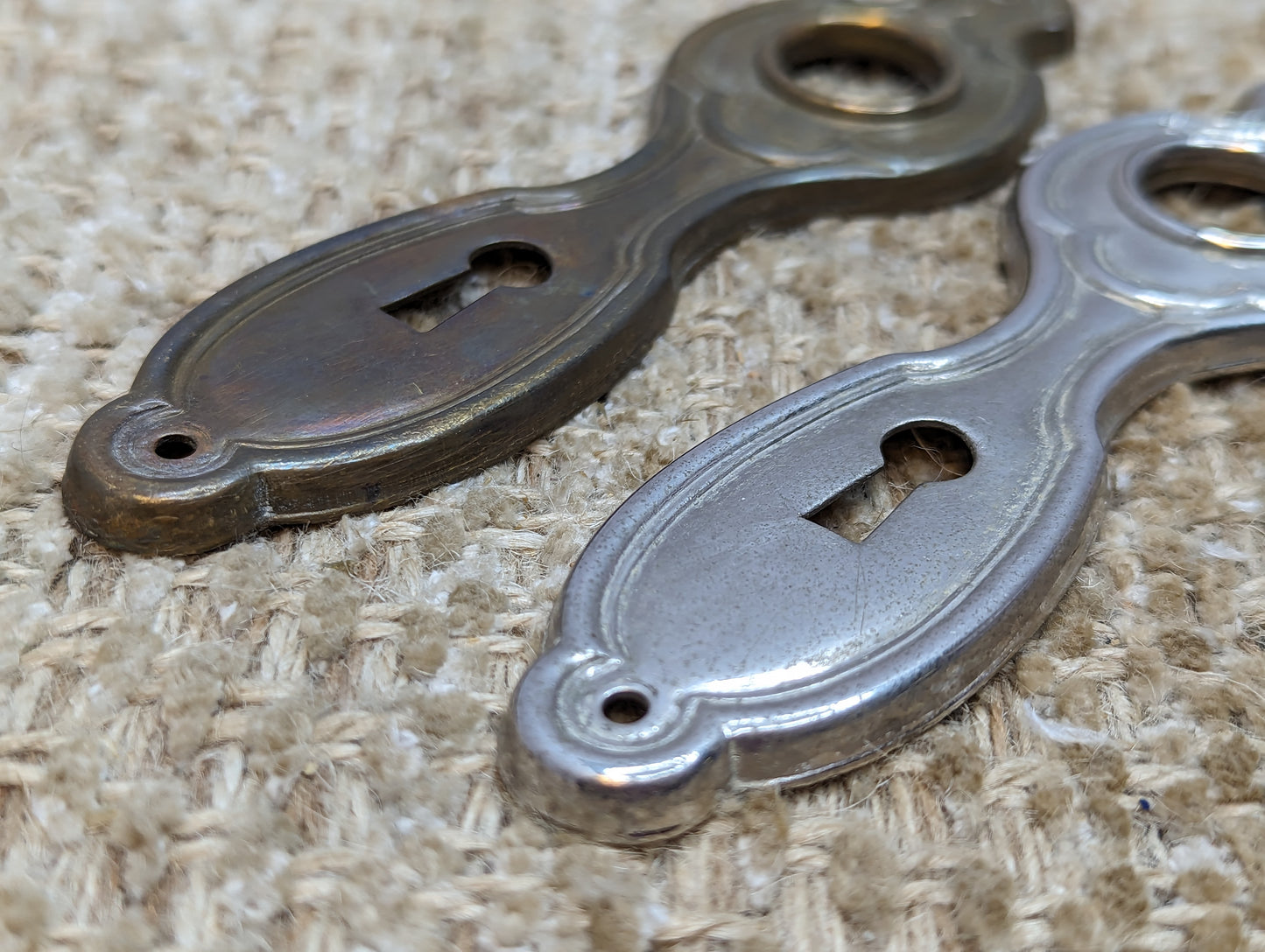 1 5/8" x 5 5/8" Pair Of Antique Stamped Brass Door Knob Plate Hardware