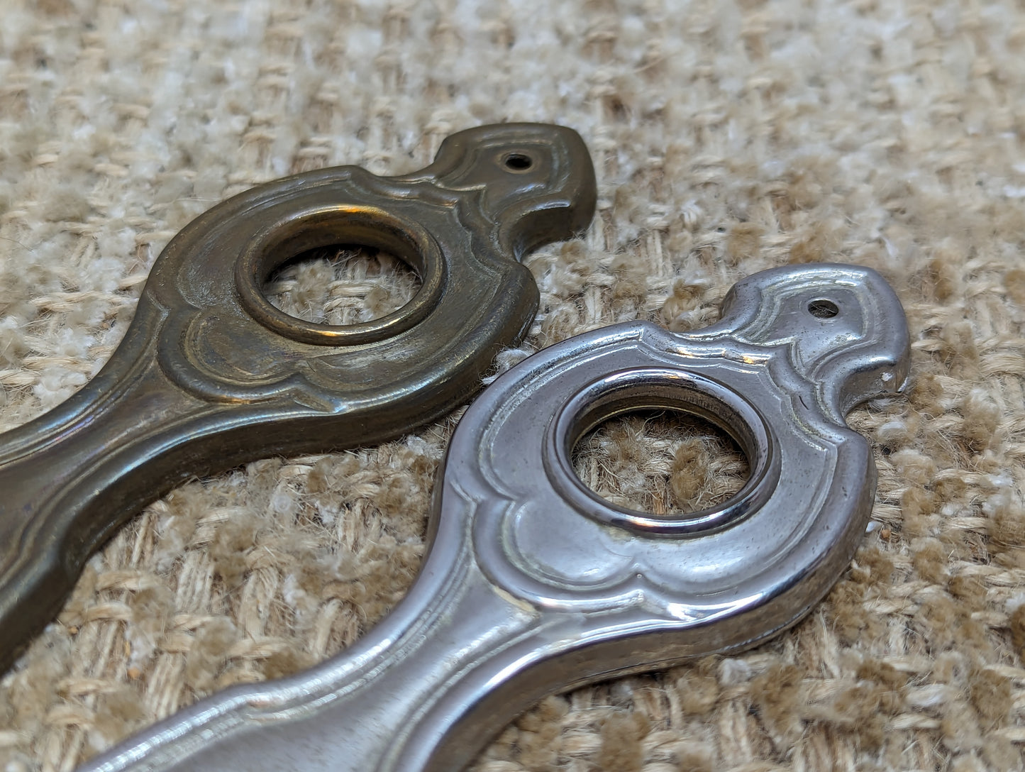 1 5/8" x 5 5/8" Pair Of Antique Stamped Brass Door Knob Plate Hardware