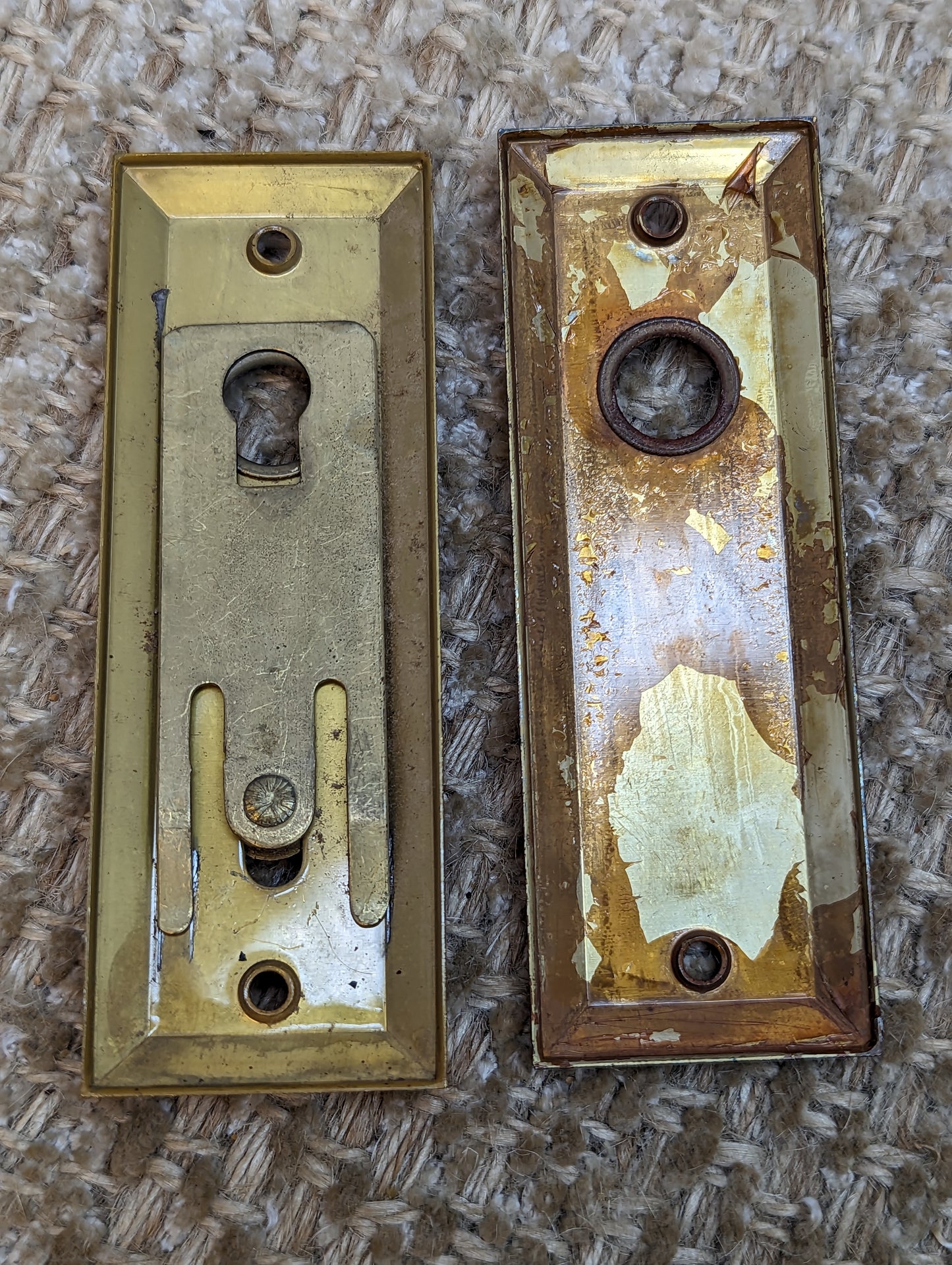 1 3/8" x 4" Pair Of Antique Stamped Steel Door Knob Plate Hardware
