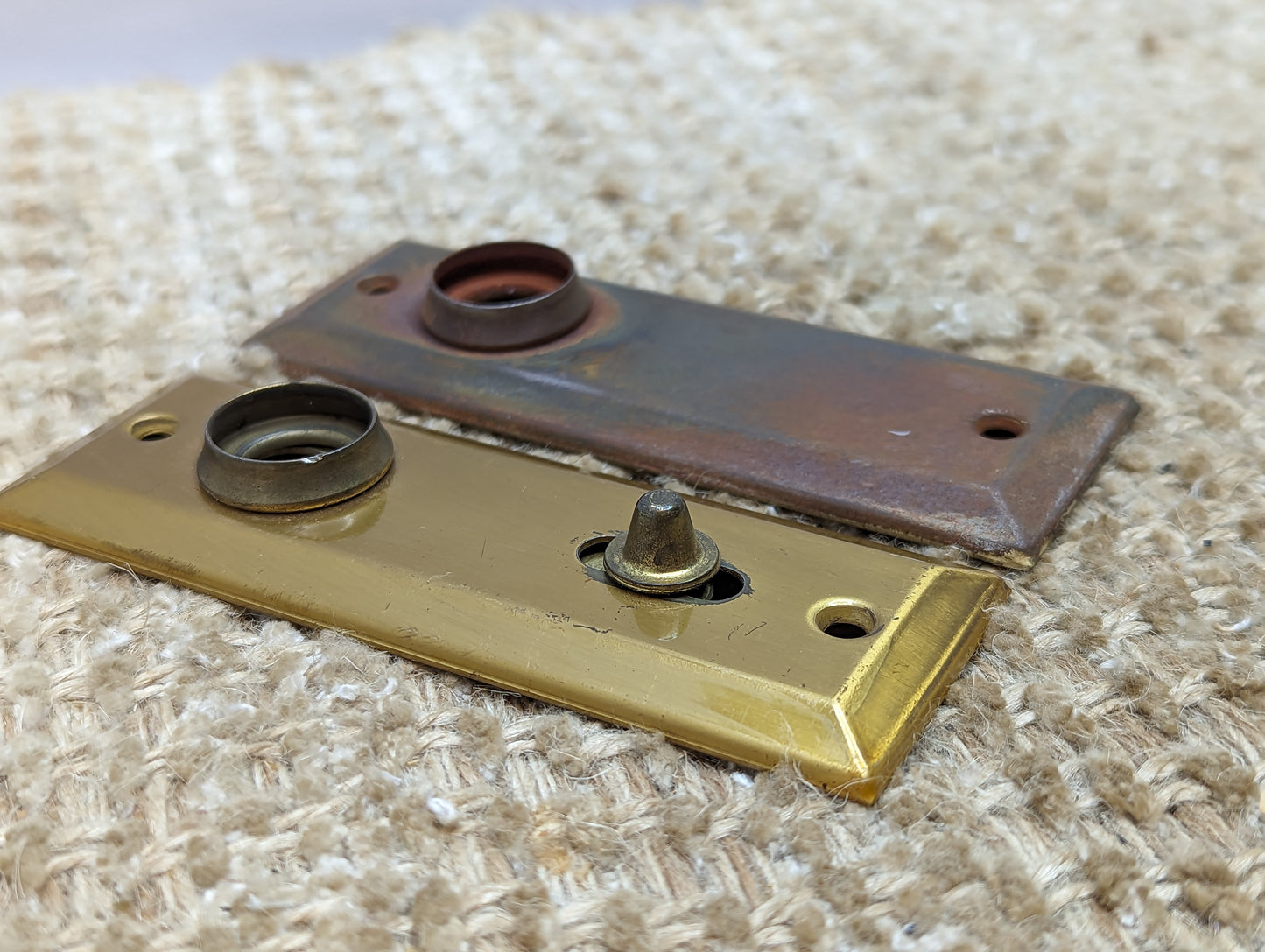 1 3/8" x 4" Pair Of Antique Stamped Steel Door Knob Plate Hardware