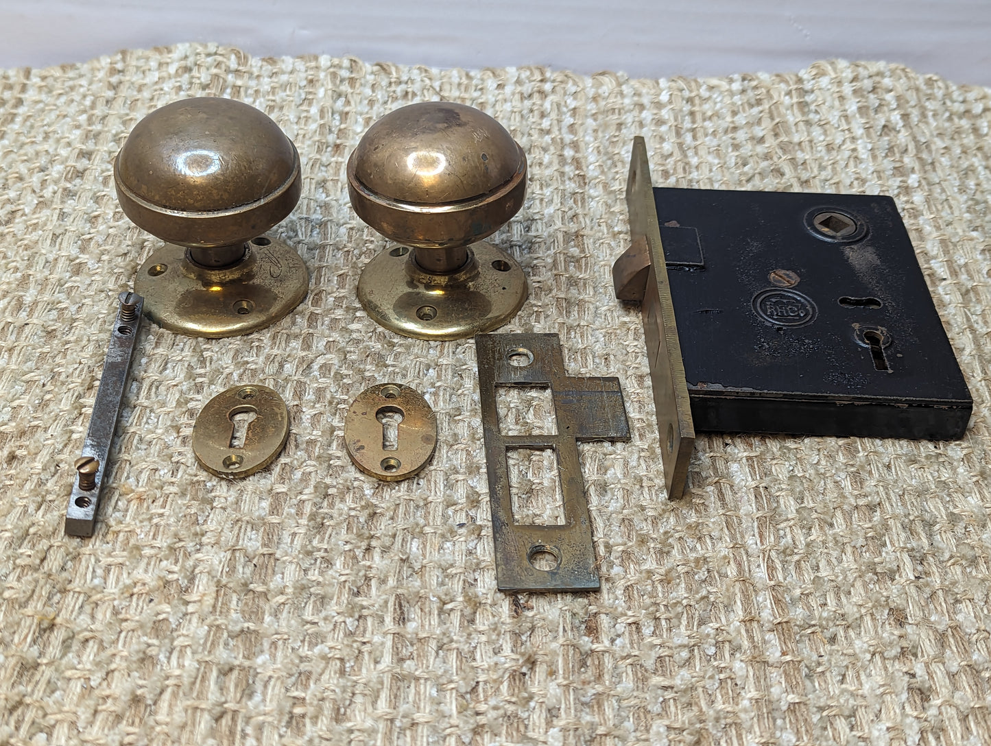 Antique RHCo. Mortise Lock #1201 1/2, Strike Plate, Key Hole Covers, Door Knobs and Rosettes Set W/Key