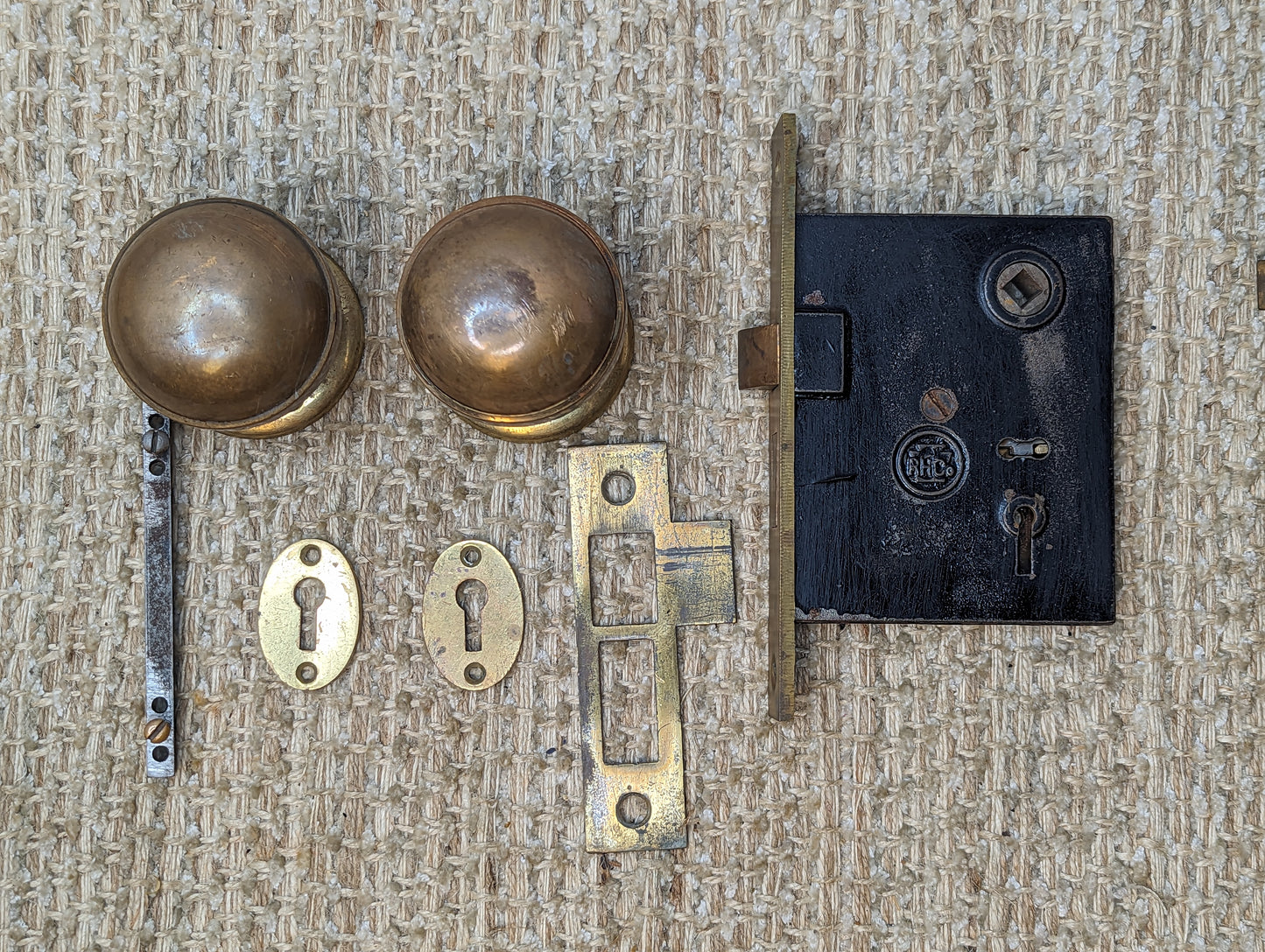 Antique RHCo. Mortise Lock #1201 1/2, Strike Plate, Key Hole Covers, Door Knobs and Rosettes Set W/Key