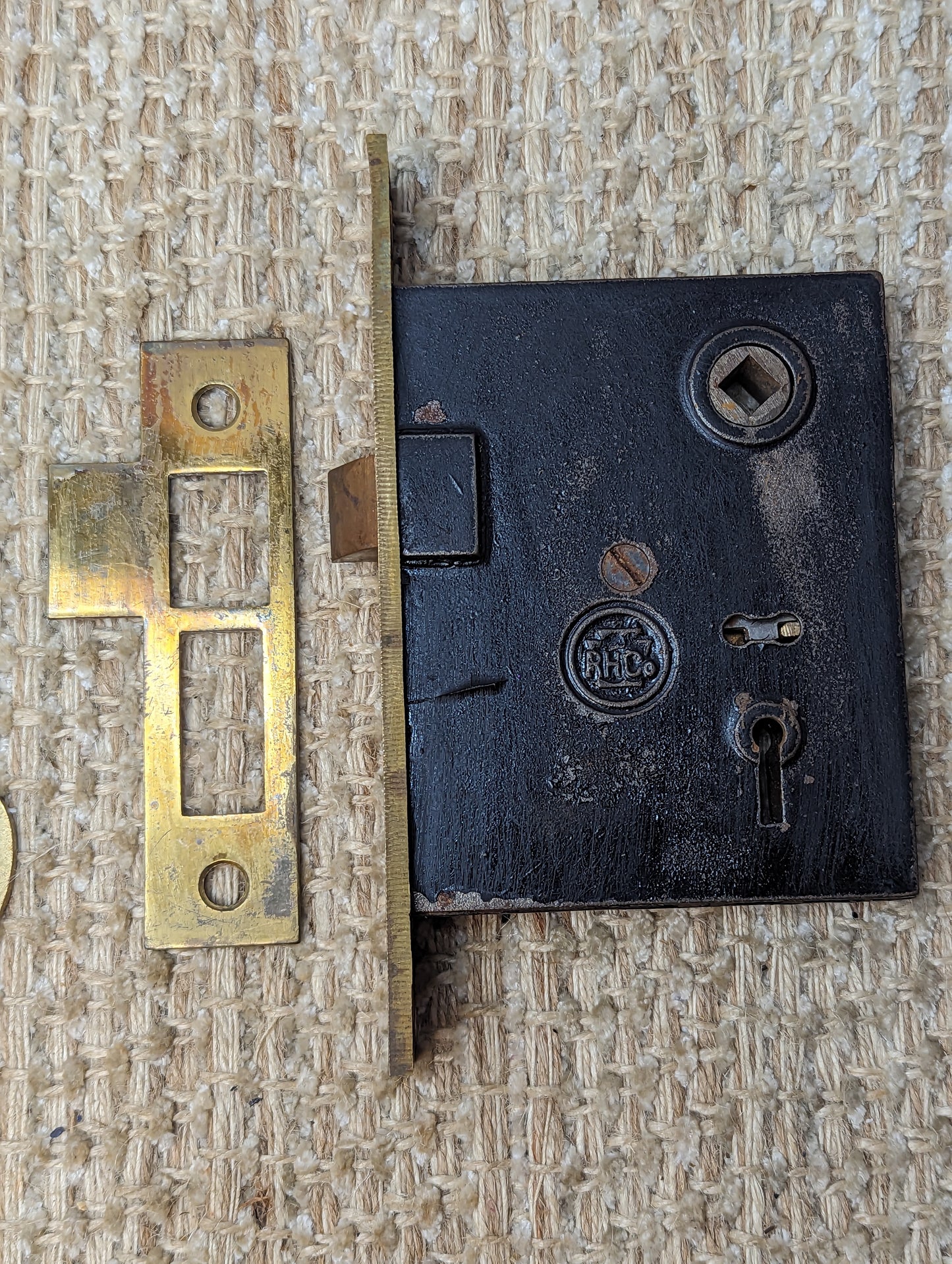 Antique RHCo. Mortise Lock #1201 1/2, Strike Plate, Key Hole Covers, Door Knobs and Rosettes Set W/Key