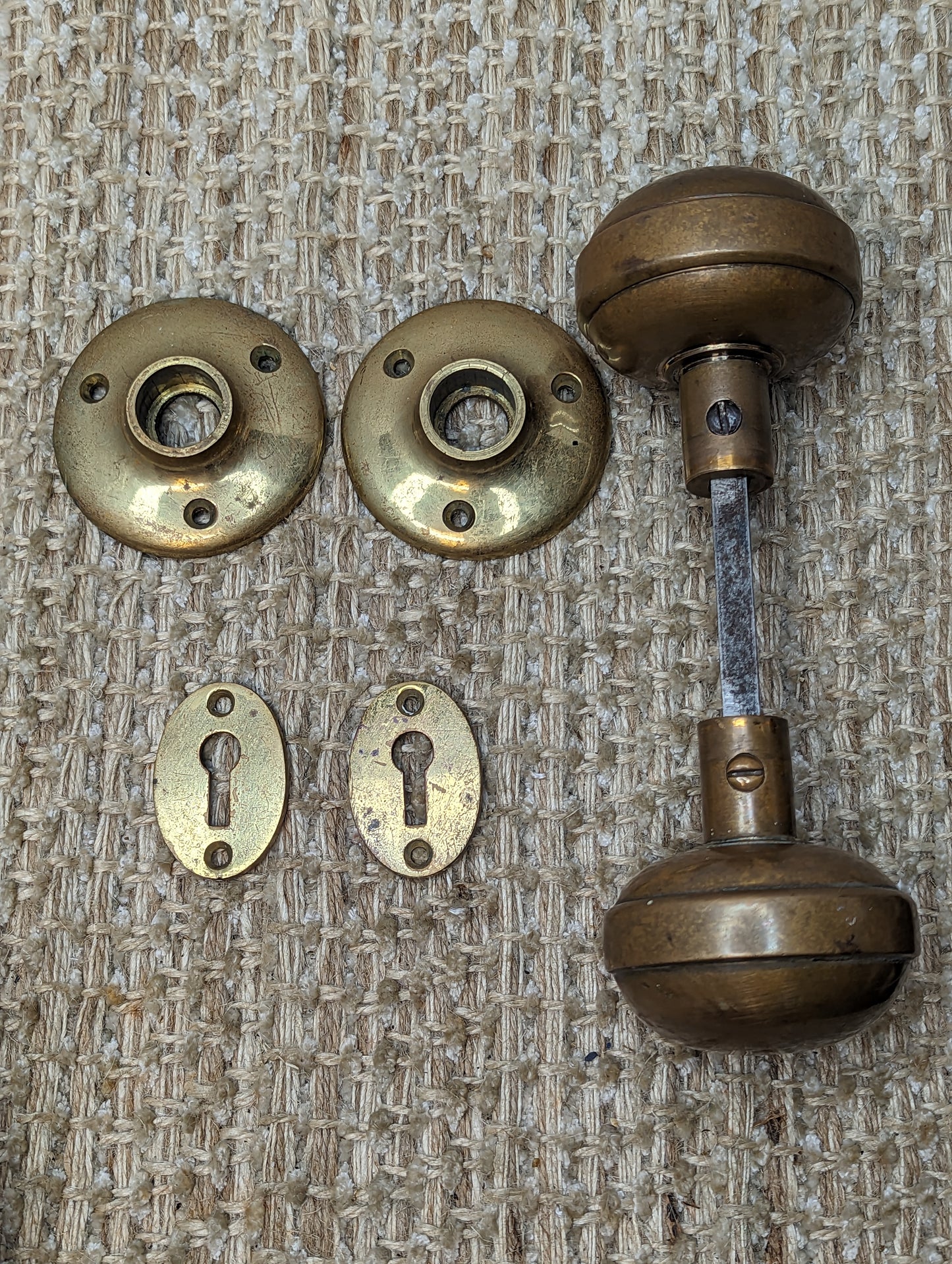 Antique RHCo. Mortise Lock #1201 1/2, Strike Plate, Key Hole Covers, Door Knobs and Rosettes Set W/Key