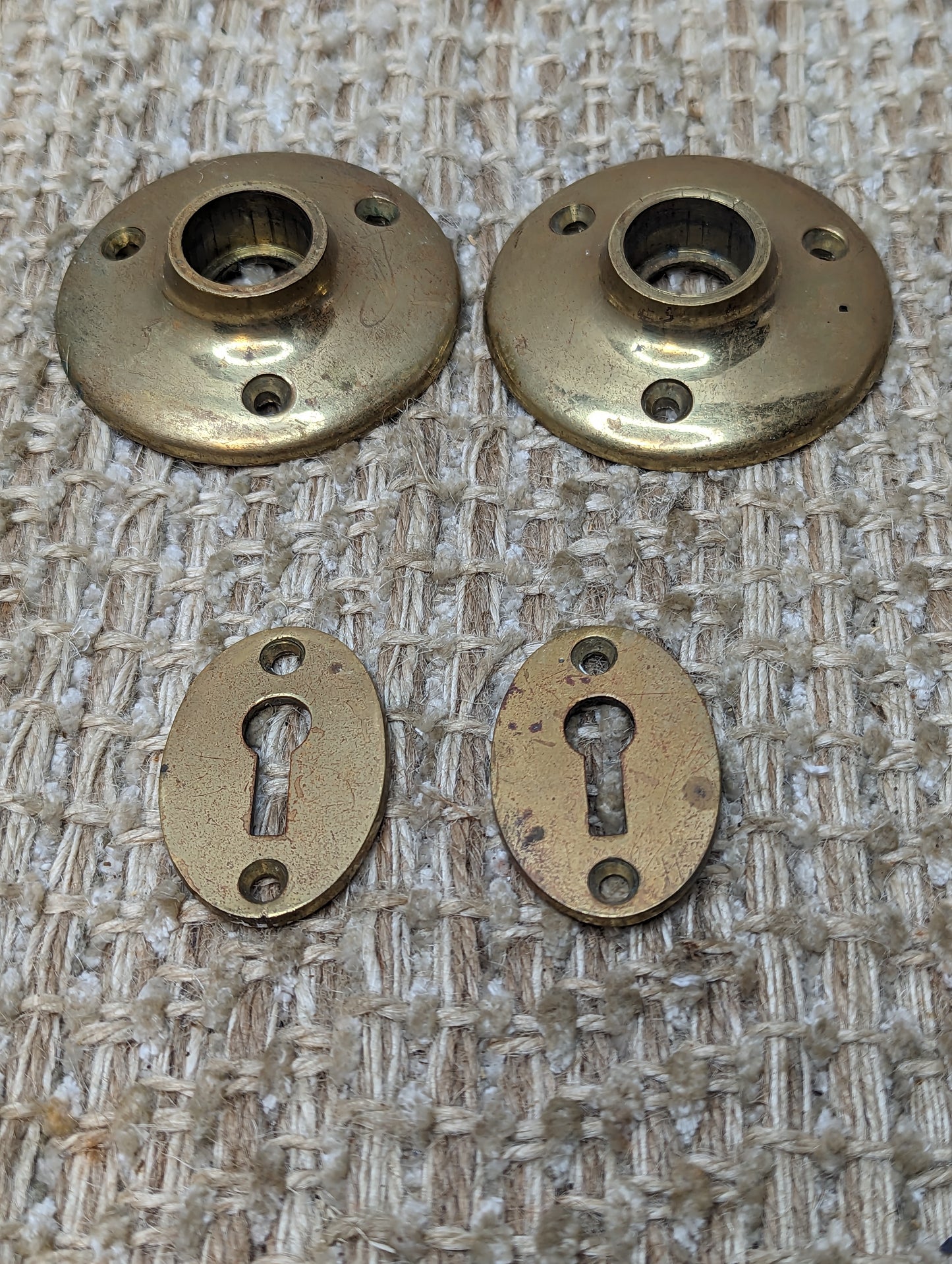 Antique RHCo. Mortise Lock #1201 1/2, Strike Plate, Key Hole Covers, Door Knobs and Rosettes Set W/Key