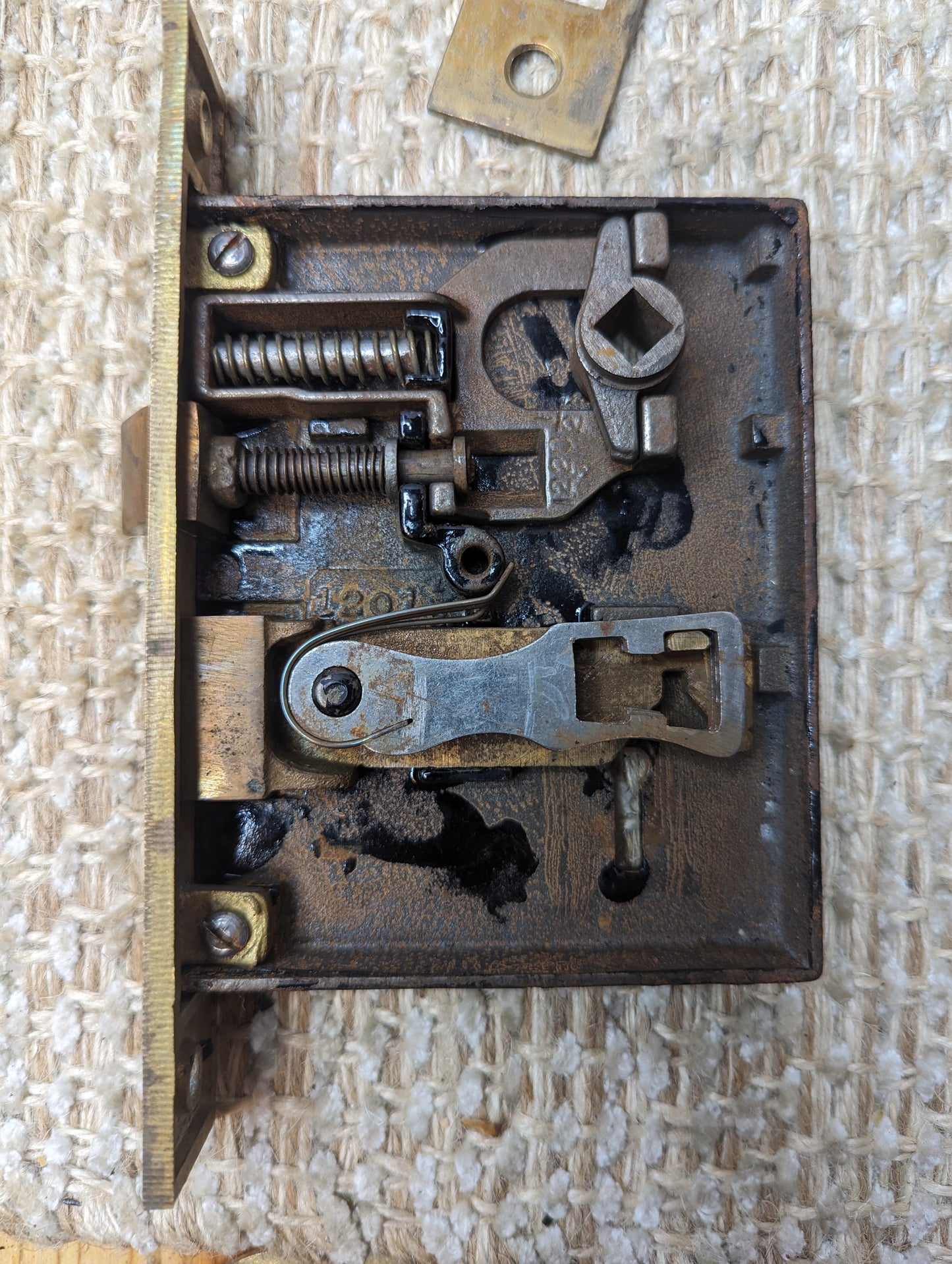 Antique RHCo. Mortise Lock #1201 1/2, Strike Plate, Key Hole Covers, Door Knobs and Rosettes Set W/Key