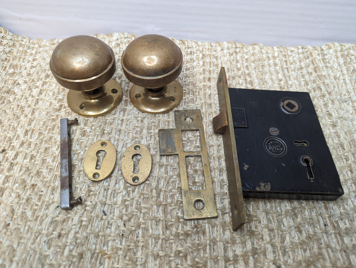 Antique RHCo. Mortise Lock #1201 1/2, Strike Plate, Key Hole Covers, Door Knobs and Rosettes Set W/Key