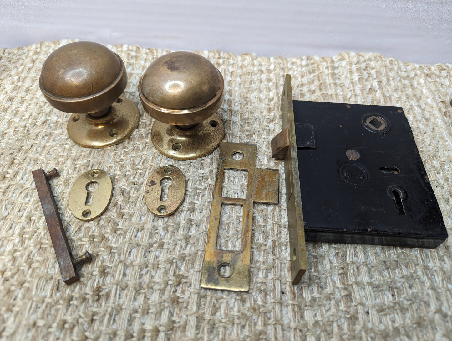 Antique RHCo. Mortise Lock #1201 1/2, Strike Plate, Key Hole Covers, Door Knobs and Rosettes Set W/Key