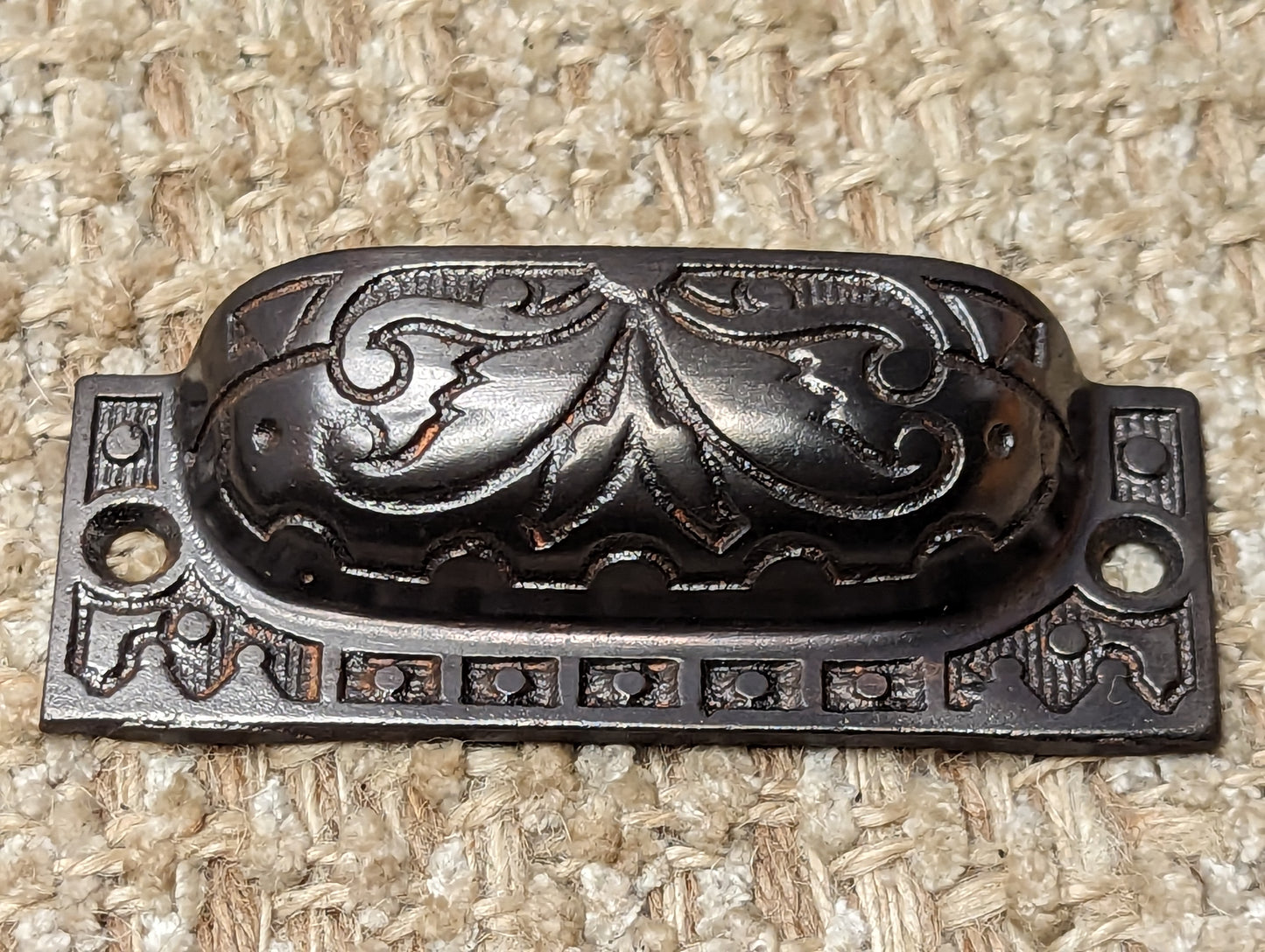 3 1/2" x 1 1/4" Antique Victorian Cast Iron Decorative Bin Pull Drawer Hardware