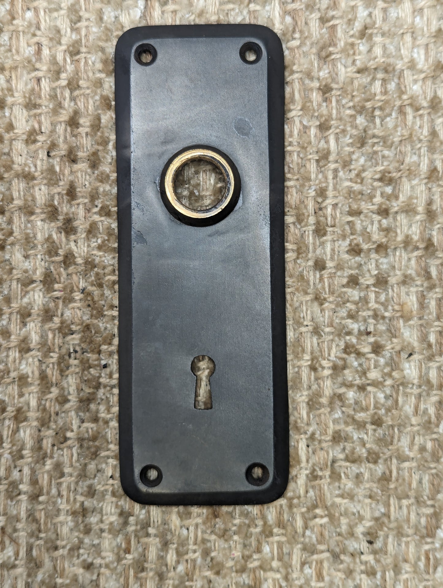 2 3/8" x 6 3/4" Antique Cast Iron Door Knob Plate With Brass Neck
