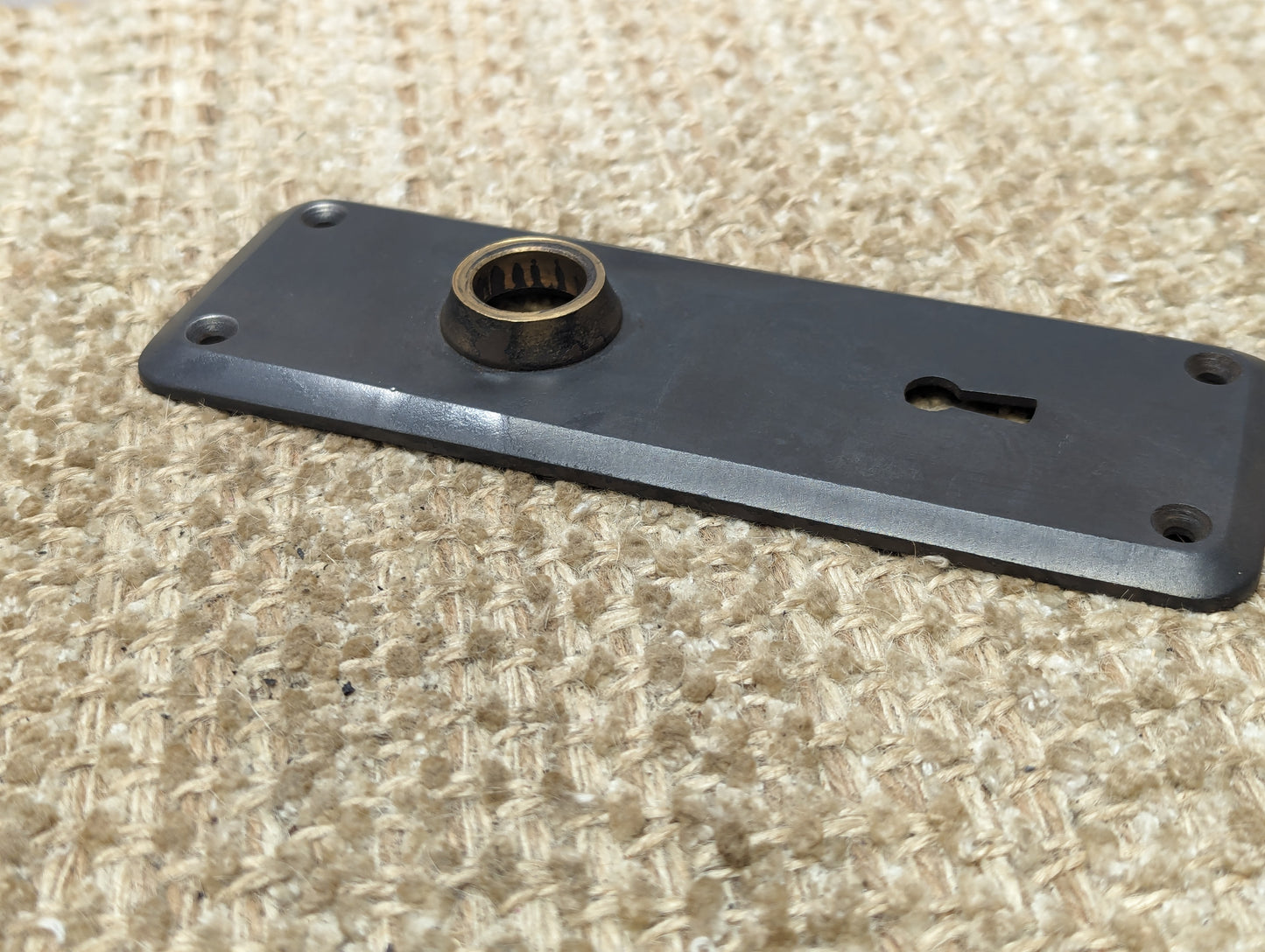 2 3/8" x 6 3/4" Antique Cast Iron Door Knob Plate With Brass Neck