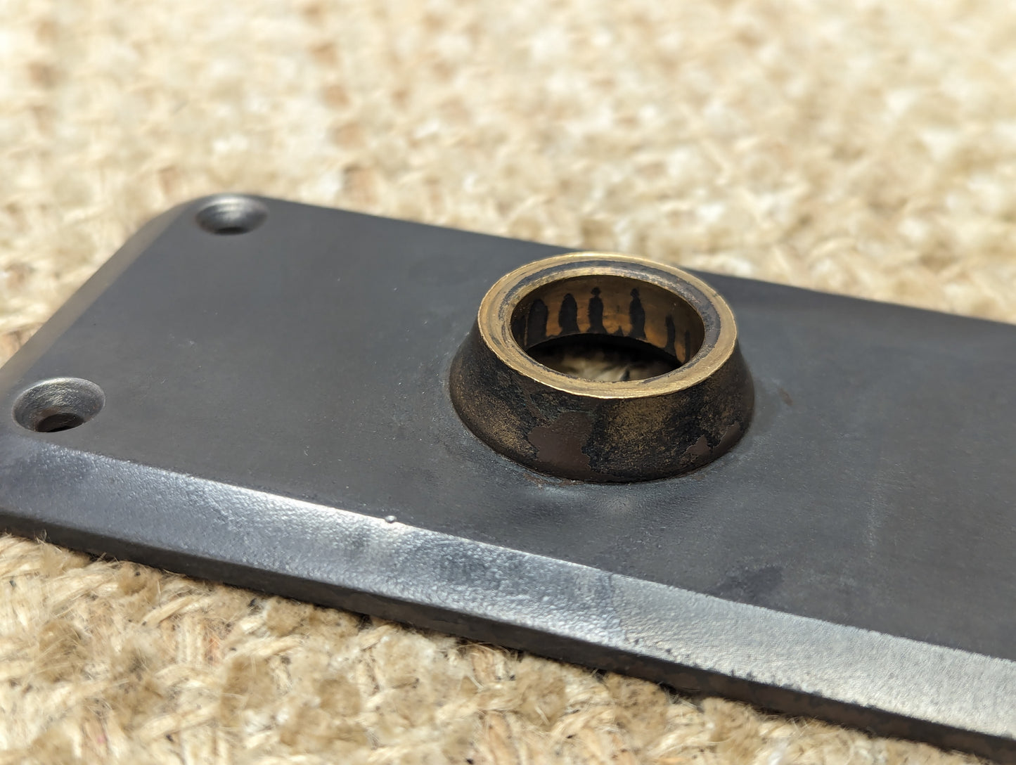2 3/8" x 6 3/4" Antique Cast Iron Door Knob Plate With Brass Neck