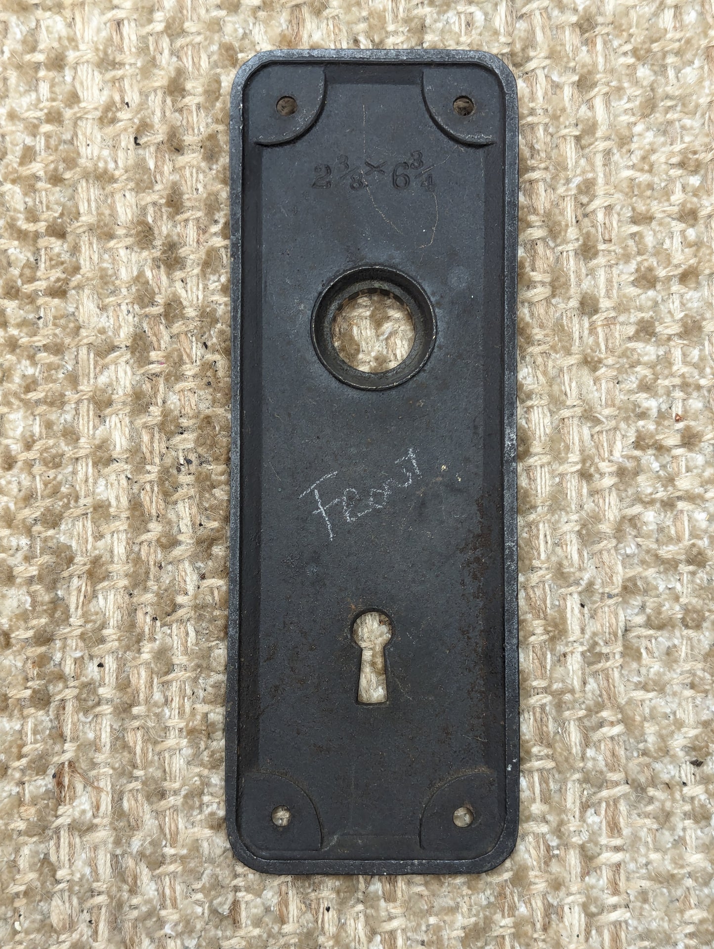 2 3/8" x 6 3/4" Antique Cast Iron Door Knob Plate With Brass Neck