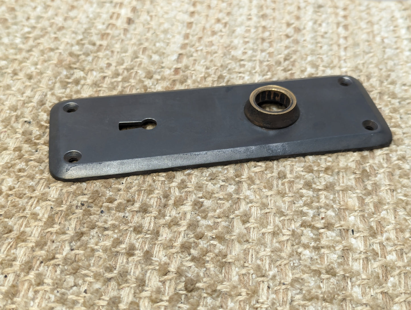 2 3/8" x 6 3/4" Antique Cast Iron Door Knob Plate With Brass Neck