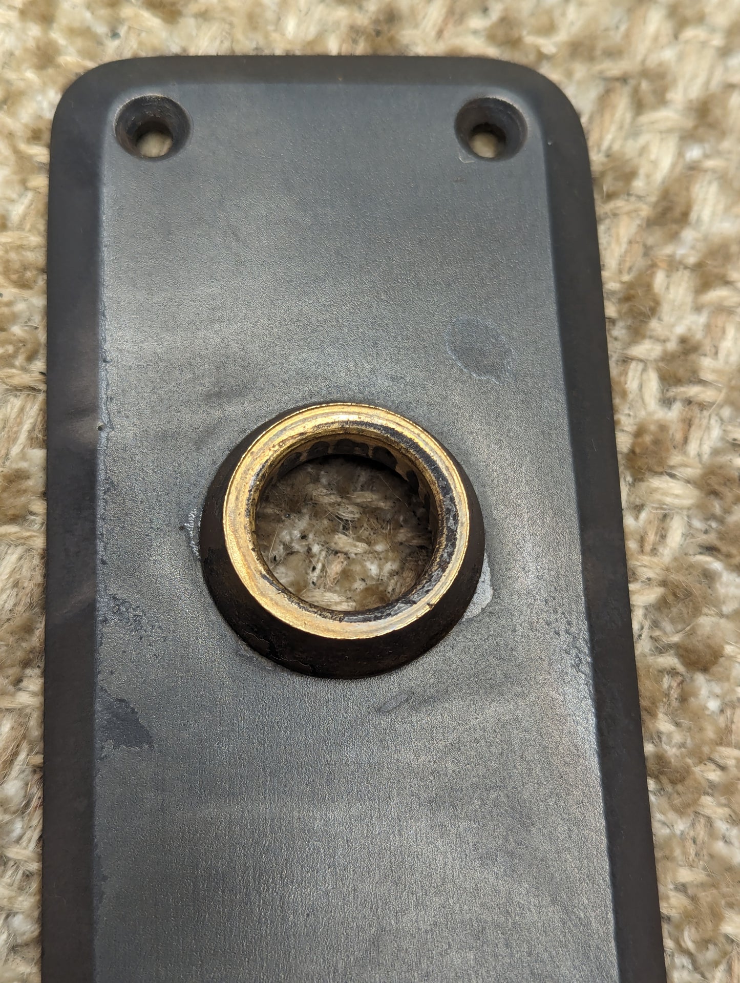 2 3/8" x 6 3/4" Antique Cast Iron Door Knob Plate With Brass Neck