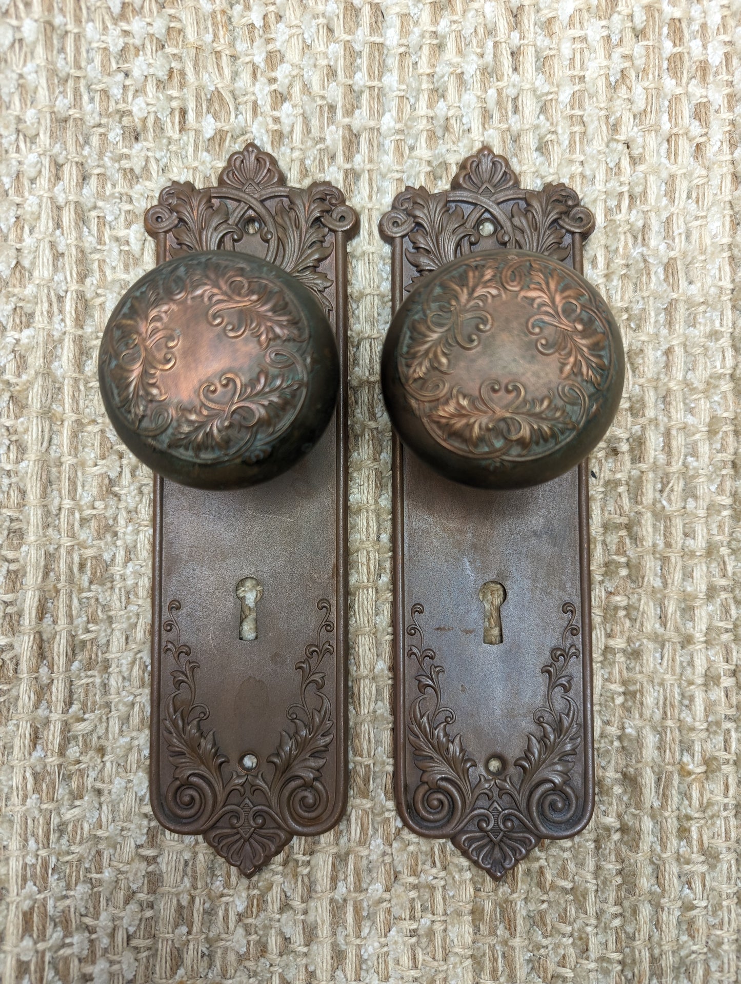 Antique Corbin "Loraine" Brass Door Knobs & Stamped Brass Door Plates Set Circa 1905