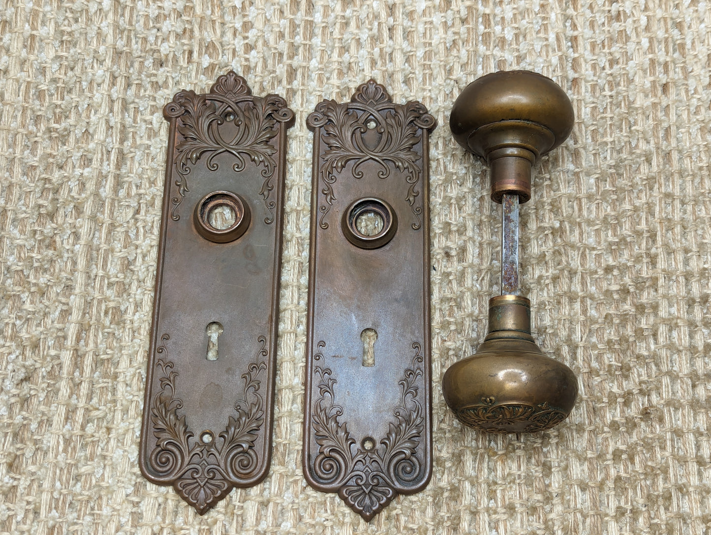 Antique Corbin "Loraine" Brass Door Knobs & Stamped Brass Door Plates Set Circa 1905