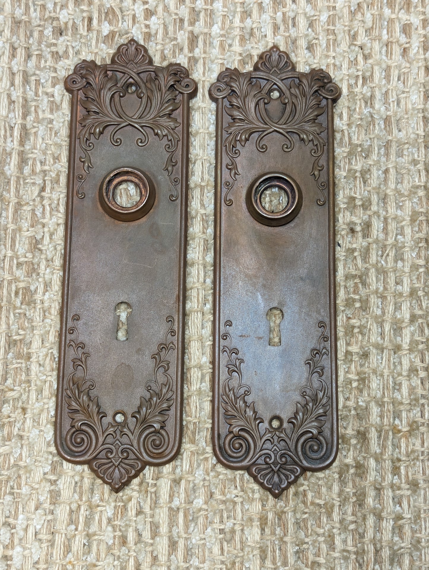 Antique Corbin "Loraine" Brass Door Knobs & Stamped Brass Door Plates Set Circa 1905