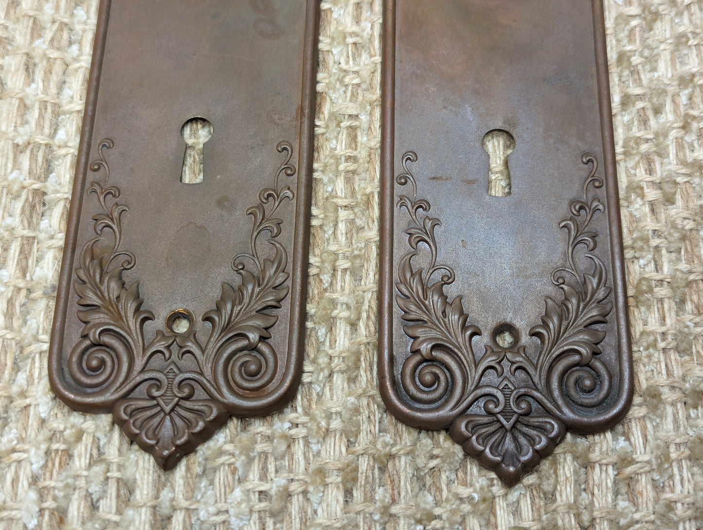 Antique Corbin "Loraine" Brass Door Knobs & Stamped Brass Door Plates Set Circa 1905