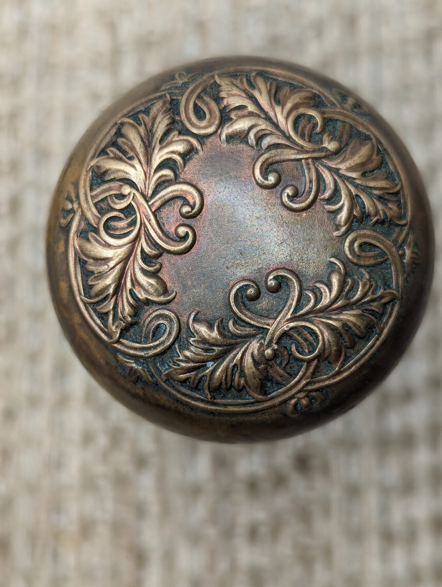 Antique Corbin "Loraine" Brass Door Knobs & Stamped Brass Door Plates Set Circa 1905