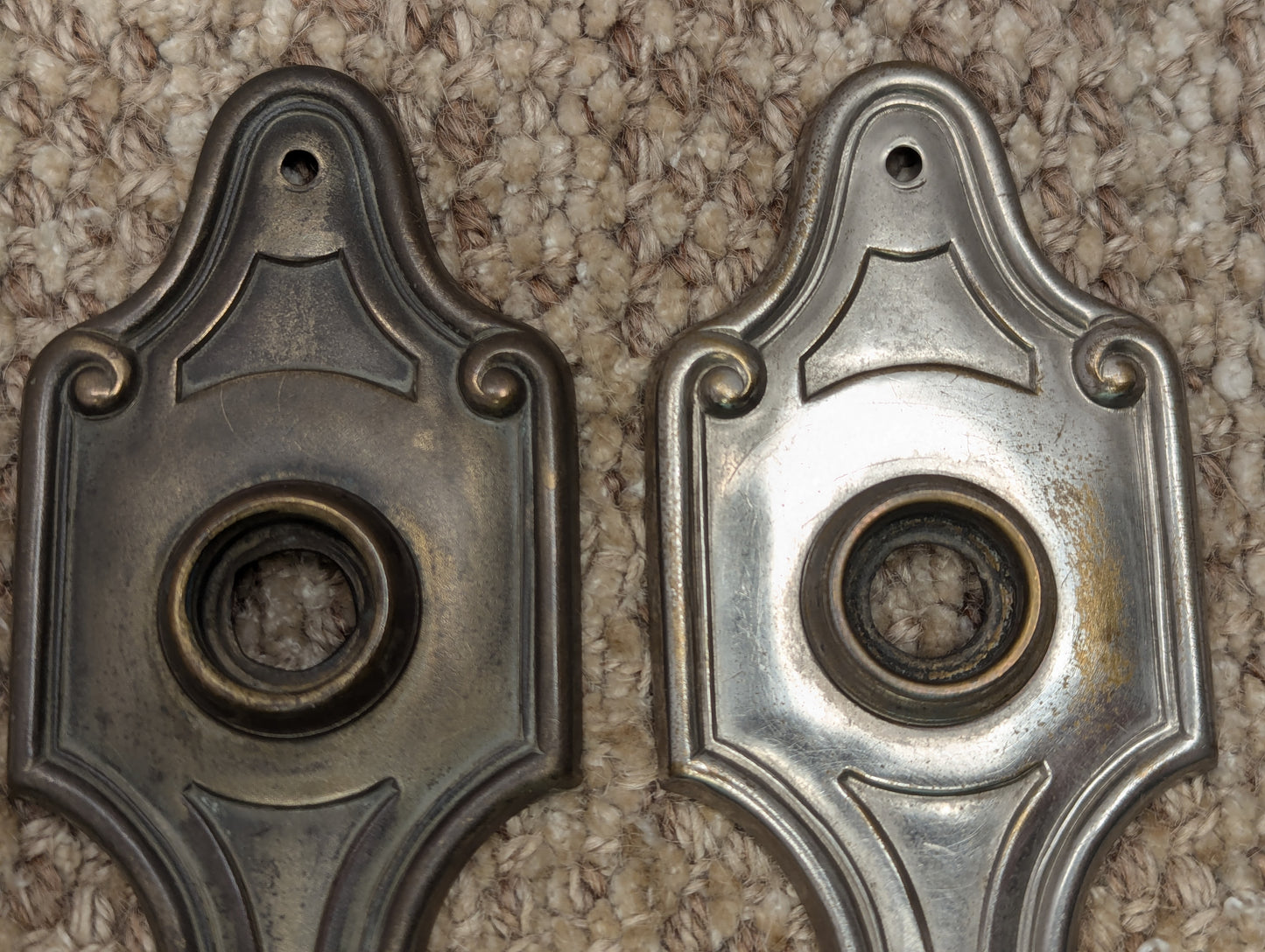 2 7/8" x 8 3/8" Pair Of Antique "Montrose" Brass & Nickel Plated Door Knob Plates