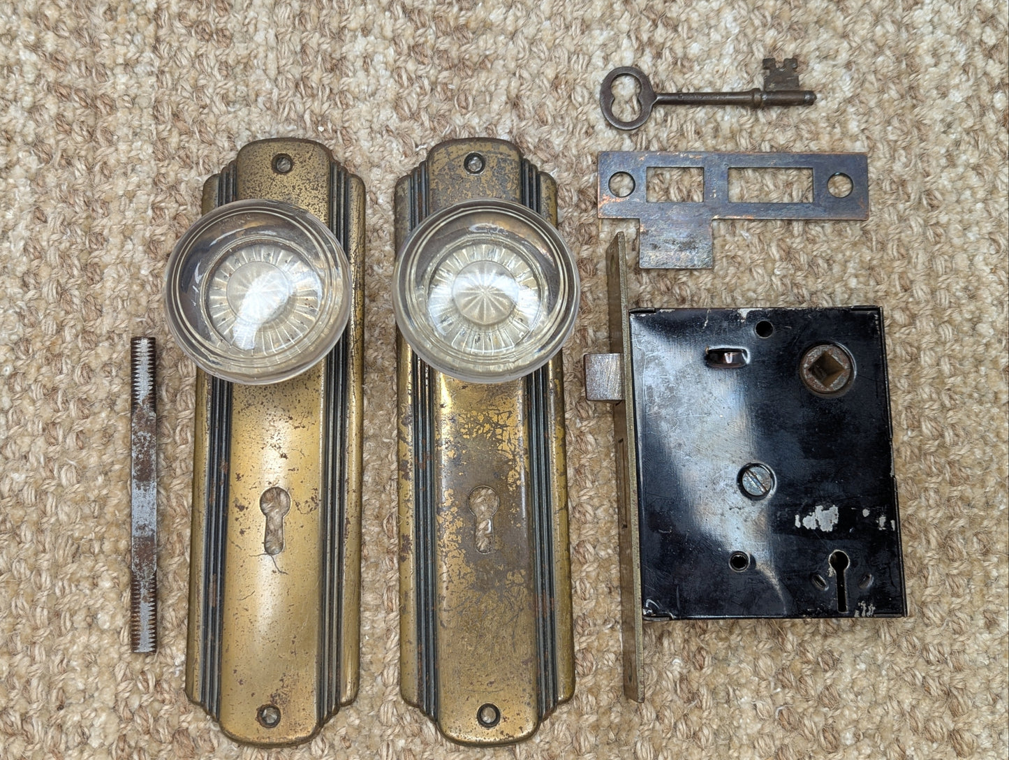 Antique Interior Mortise Lock, Glass Door Knobs & Brass Finish Door Knob Plates, Strike Plate W/Key