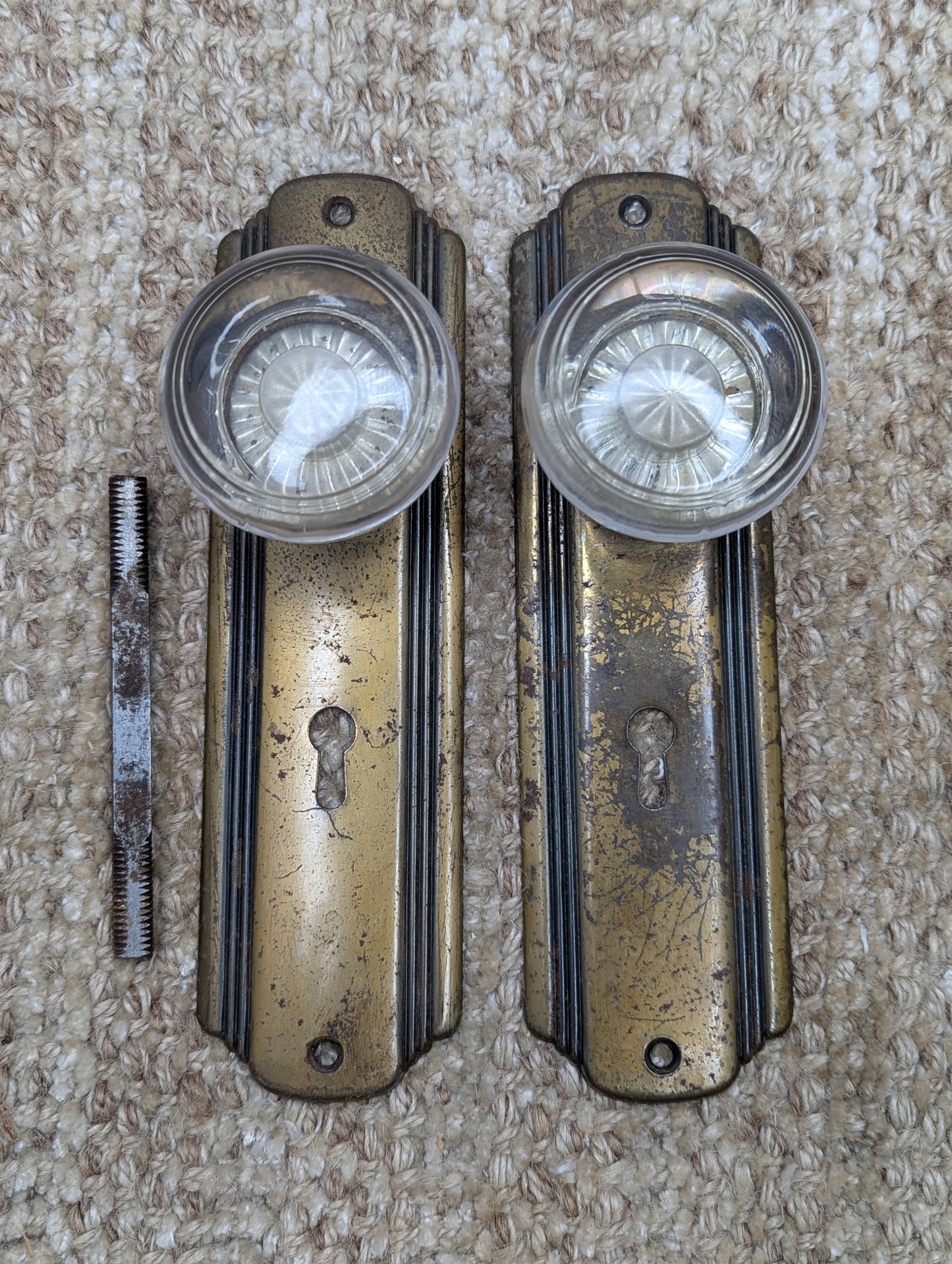 Antique Interior Mortise Lock, Glass Door Knobs & Brass Finish Door Knob Plates, Strike Plate W/Key