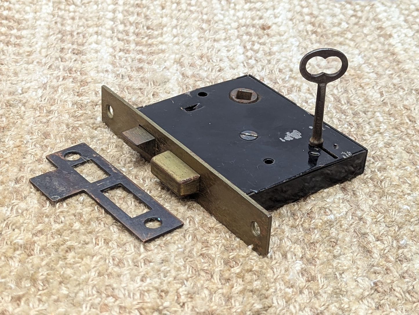 Antique Interior Mortise Lock, Glass Door Knobs & Brass Finish Door Knob Plates, Strike Plate W/Key