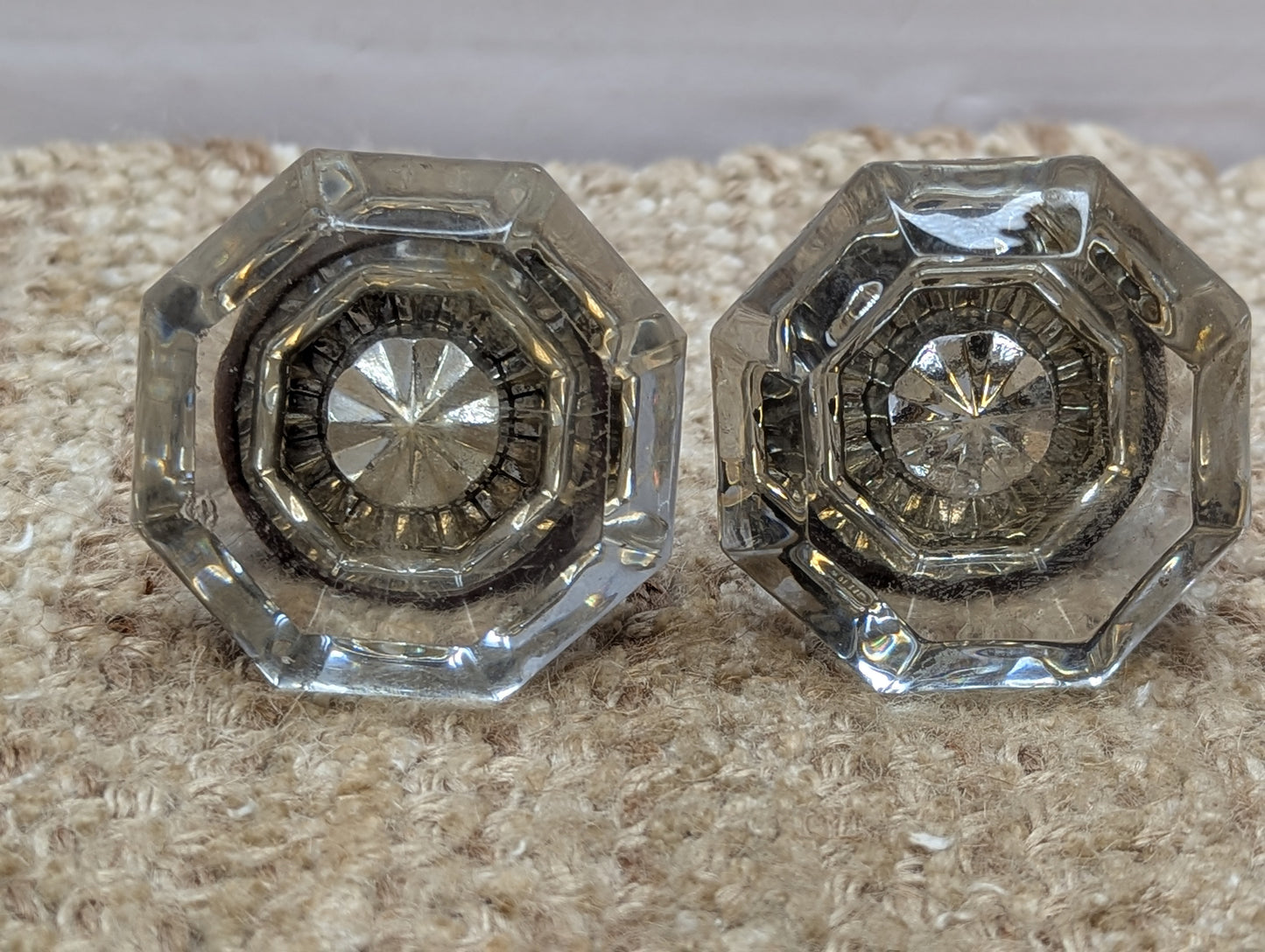 2 1/4" Antique Octagon Glass Door Knob Set With Brass Necks Door Hardware