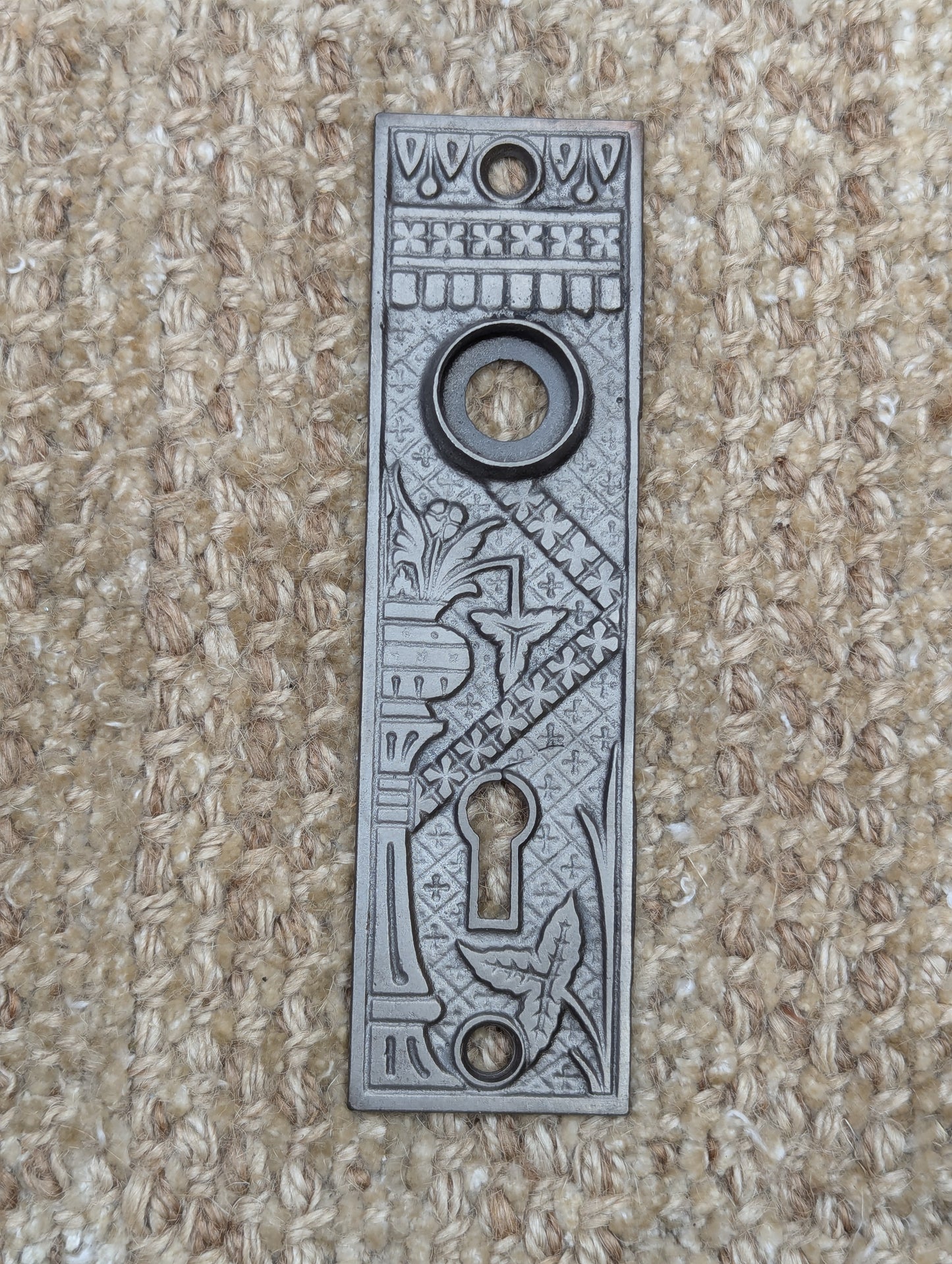 1 1/2" x 5 3/8" Antique Cast Iron Door Knob Plates Lockwood Hardware Circa 1886