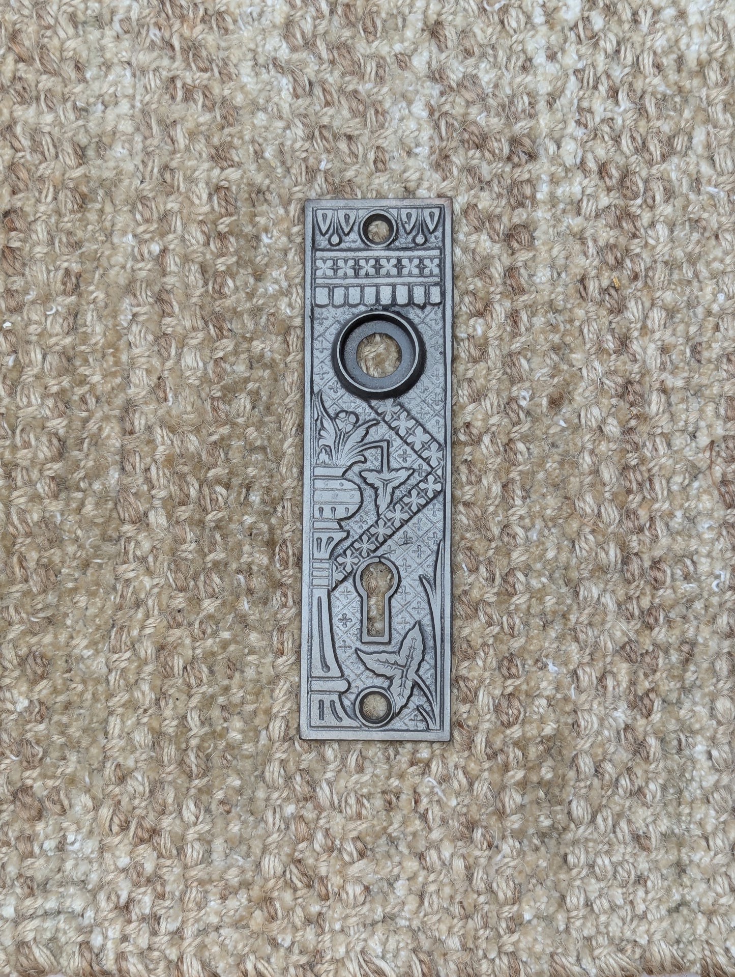 1 1/2" x 5 3/8" Antique Cast Iron Door Knob Plates Lockwood Hardware Circa 1886