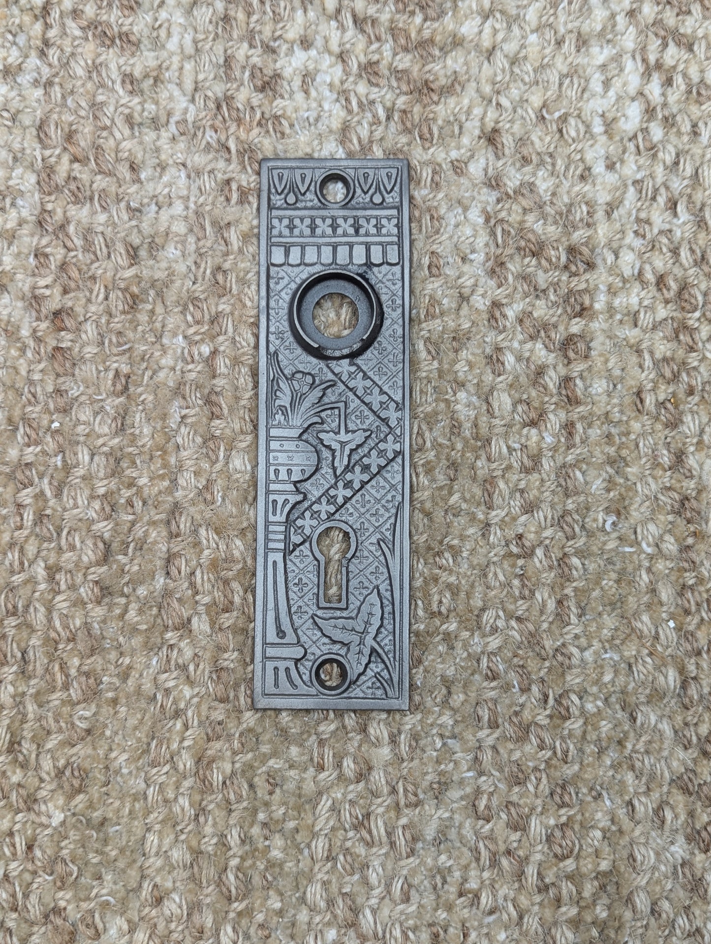 1 1/2" x 5 3/8" Antique Cast Iron Door Knob Plates Lockwood Hardware Circa 1886