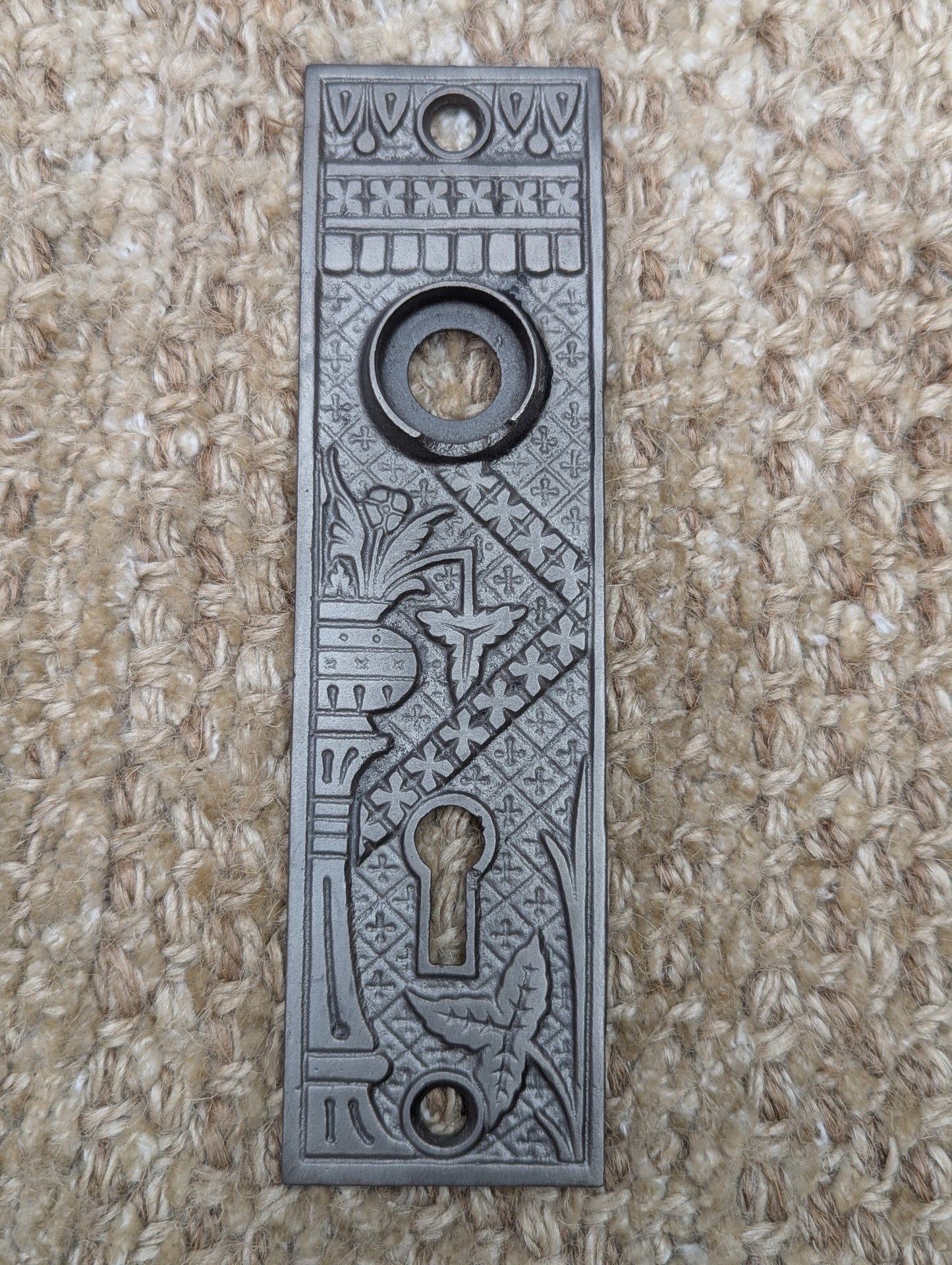 1 1/2" x 5 3/8" Antique Cast Iron Door Knob Plates Lockwood Hardware Circa 1886