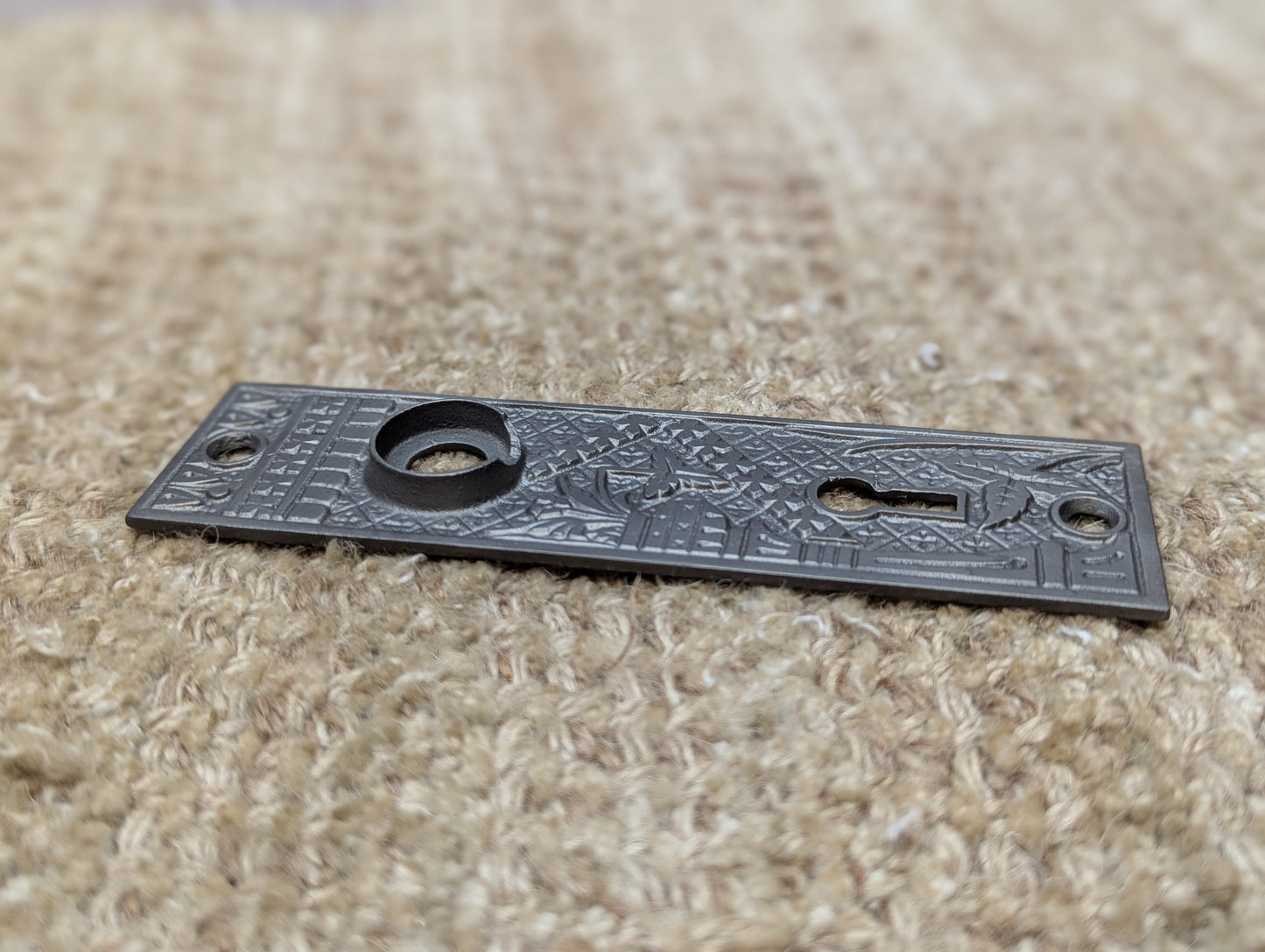 1 1/2" x 5 3/8" Antique Cast Iron Door Knob Plates Lockwood Hardware Circa 1886