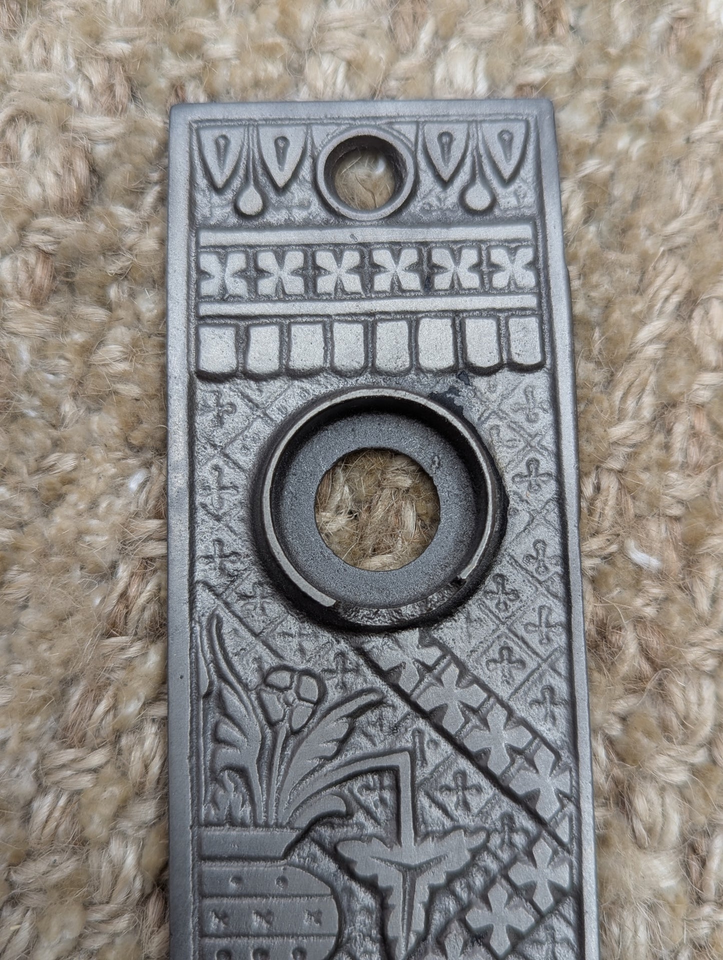 1 1/2" x 5 3/8" Antique Cast Iron Door Knob Plates Lockwood Hardware Circa 1886