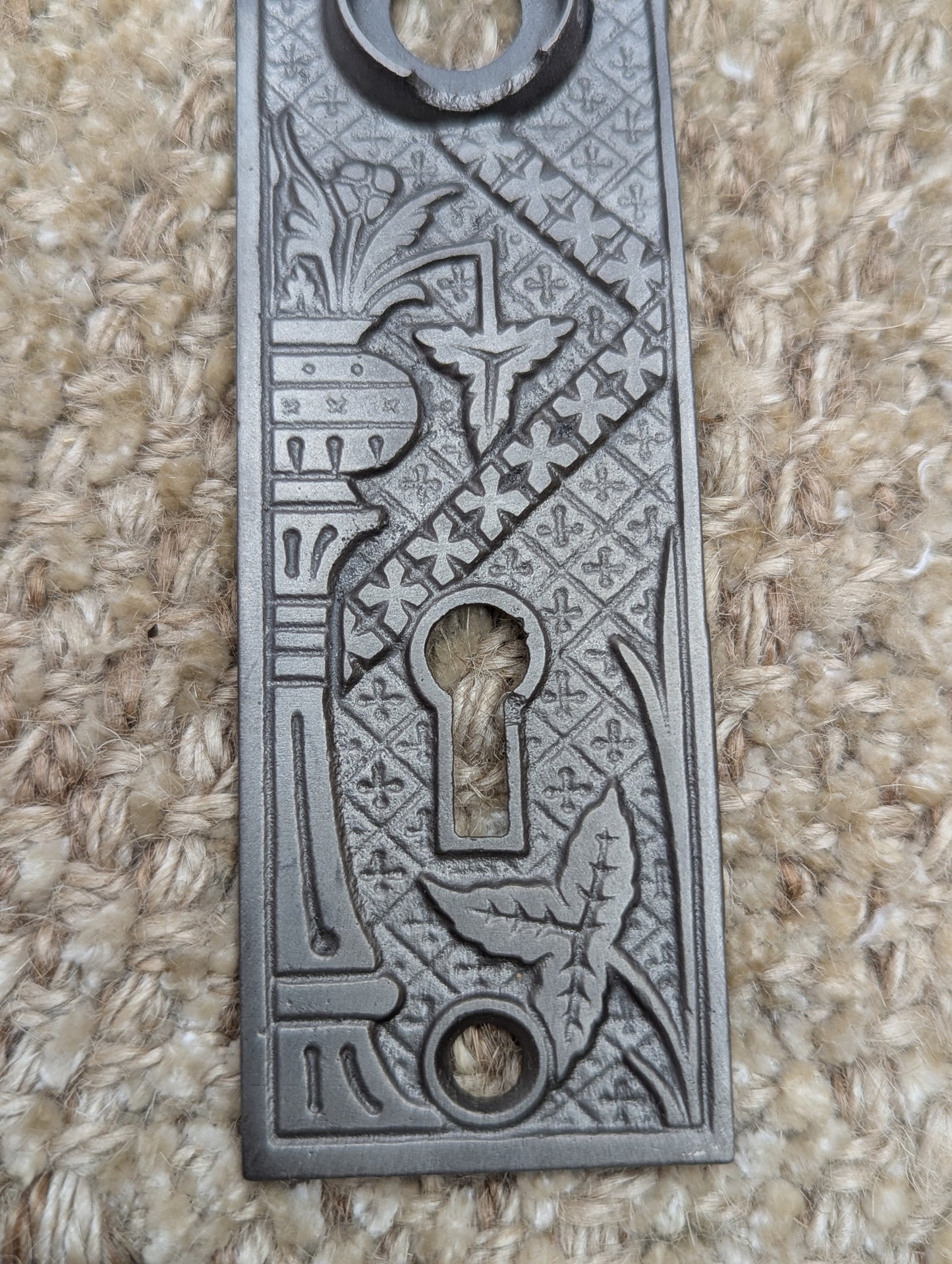 1 1/2" x 5 3/8" Antique Cast Iron Door Knob Plates Lockwood Hardware Circa 1886