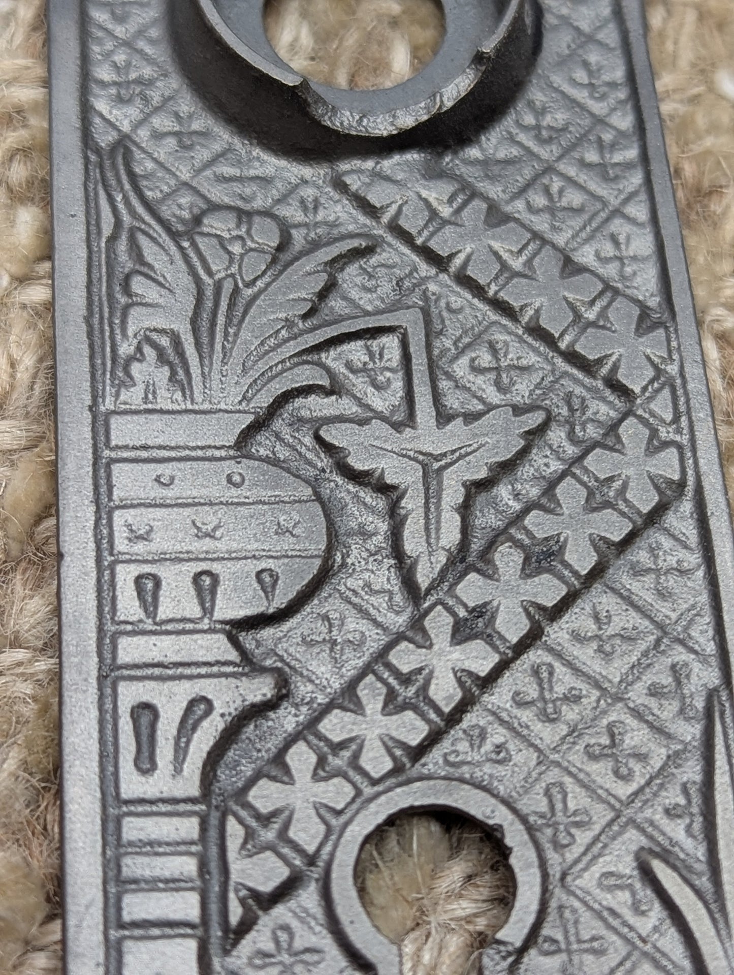 1 1/2" x 5 3/8" Antique Cast Iron Door Knob Plates Lockwood Hardware Circa 1886