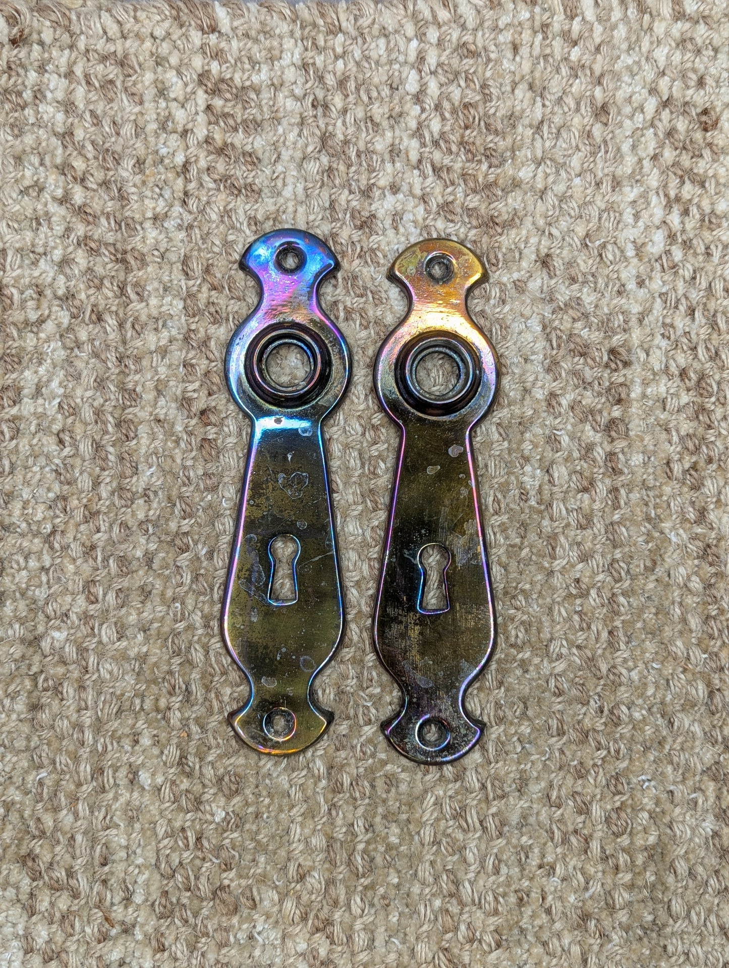 1 5/8" x 6 5/16" Pair Of Antique Stamped Steel Door Knob Plates
