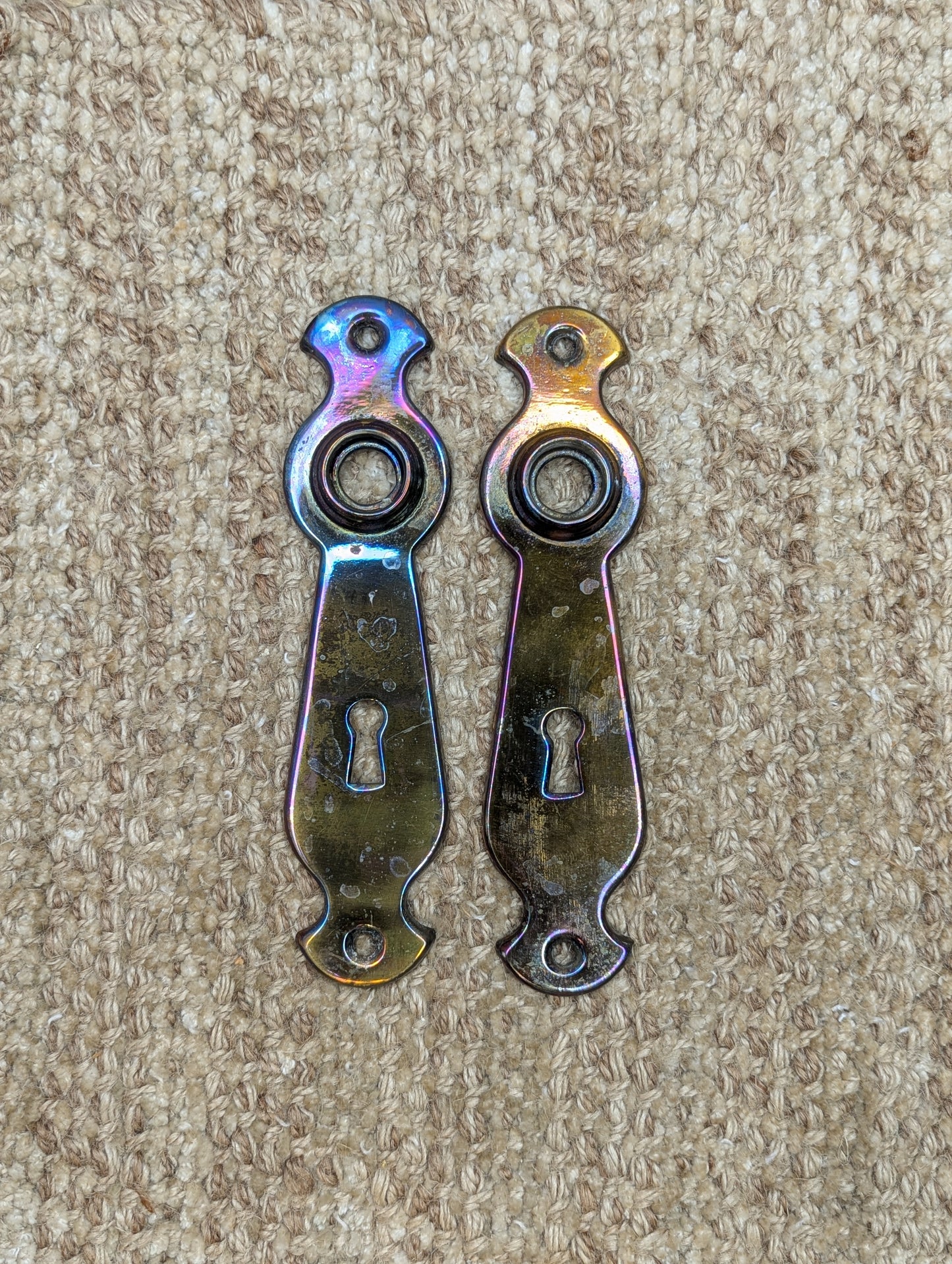 1 5/8" x 6 5/16" Pair Of Antique Stamped Steel Door Knob Plates