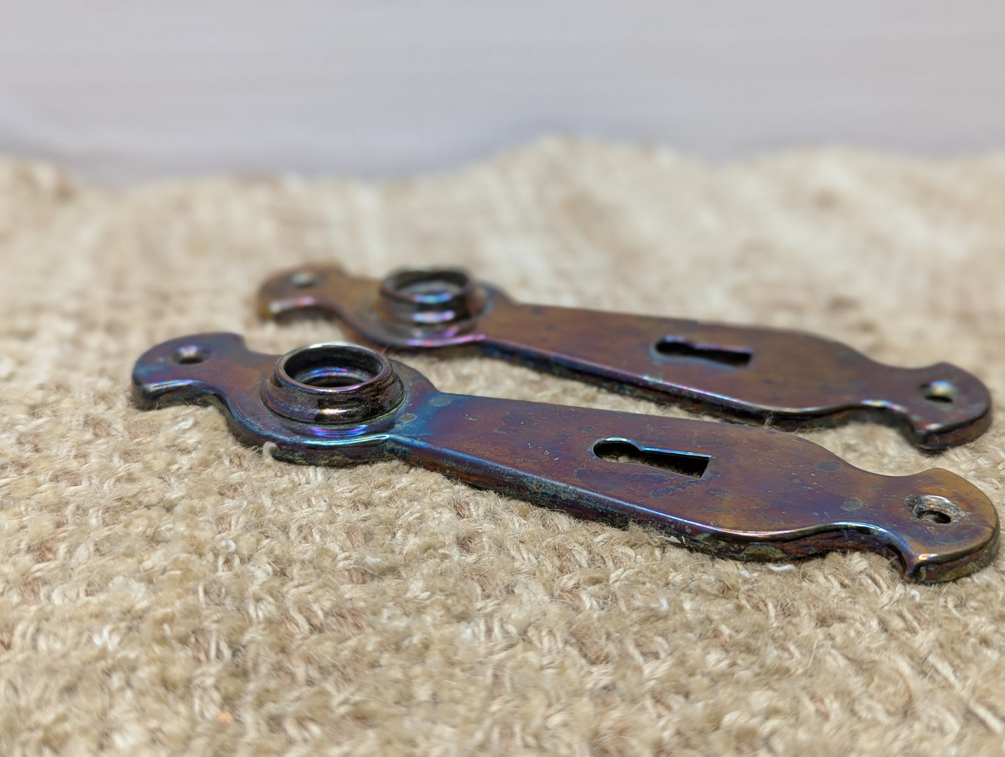 1 5/8" x 6 5/16" Pair Of Antique Stamped Steel Door Knob Plates