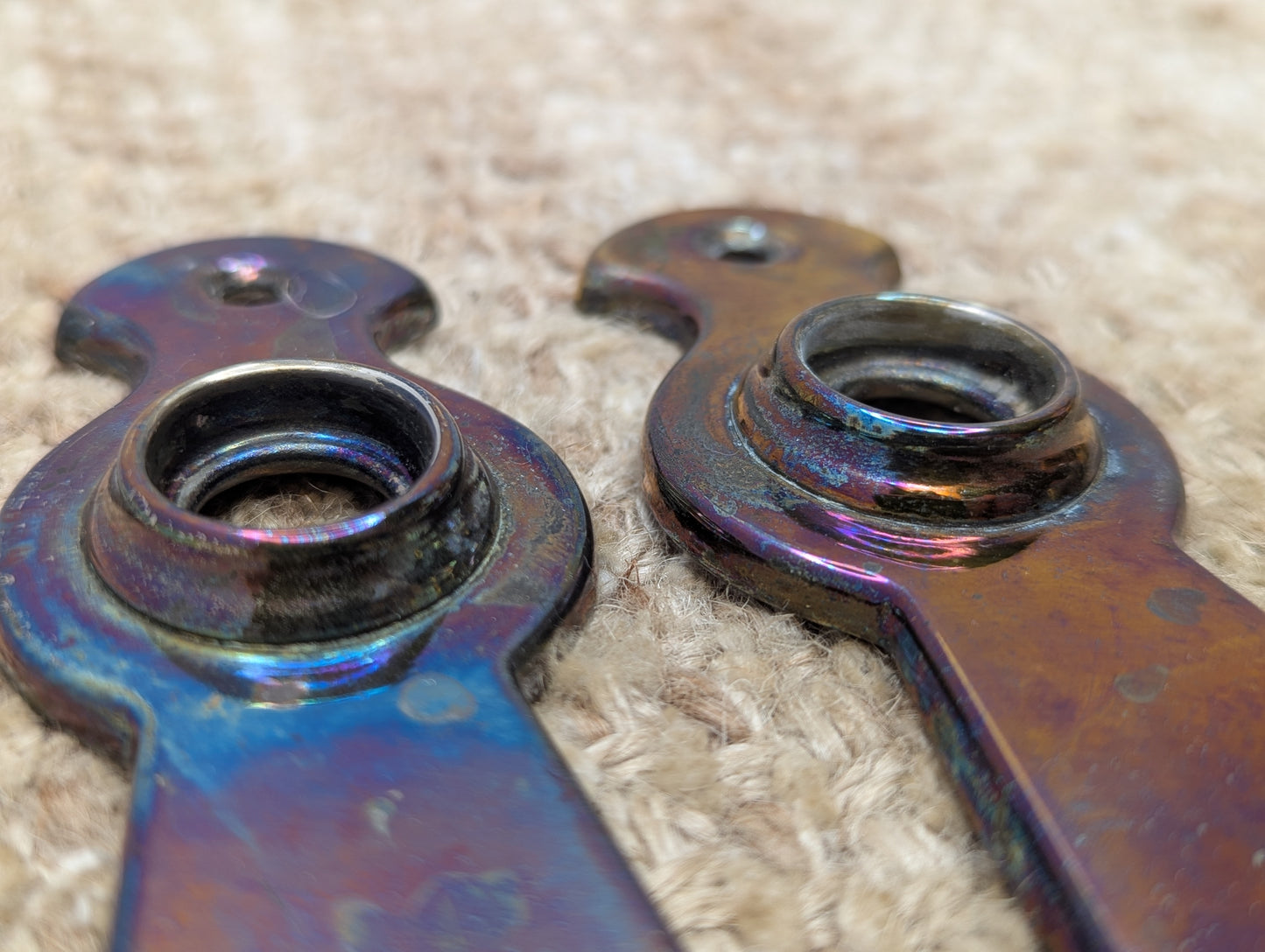 1 5/8" x 6 5/16" Pair Of Antique Stamped Steel Door Knob Plates